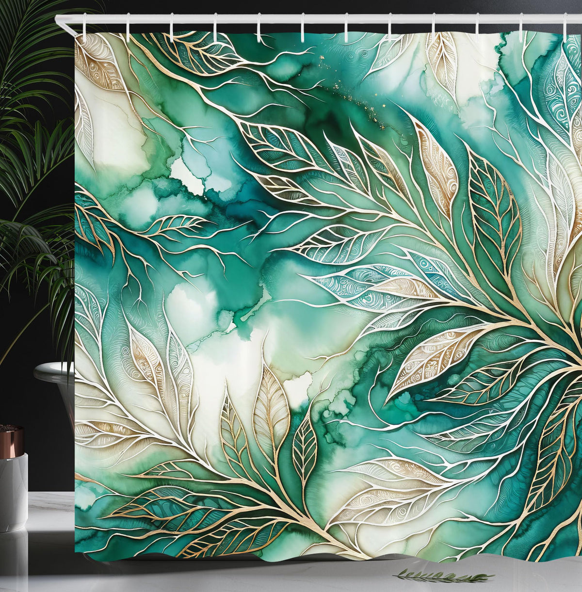 Ambesonne Teal Shower Curtain, Greenery Marble Print Look Atmosphere With Gold Yellow Tone Leafy Lines, Cloth Fabric Bathroom De