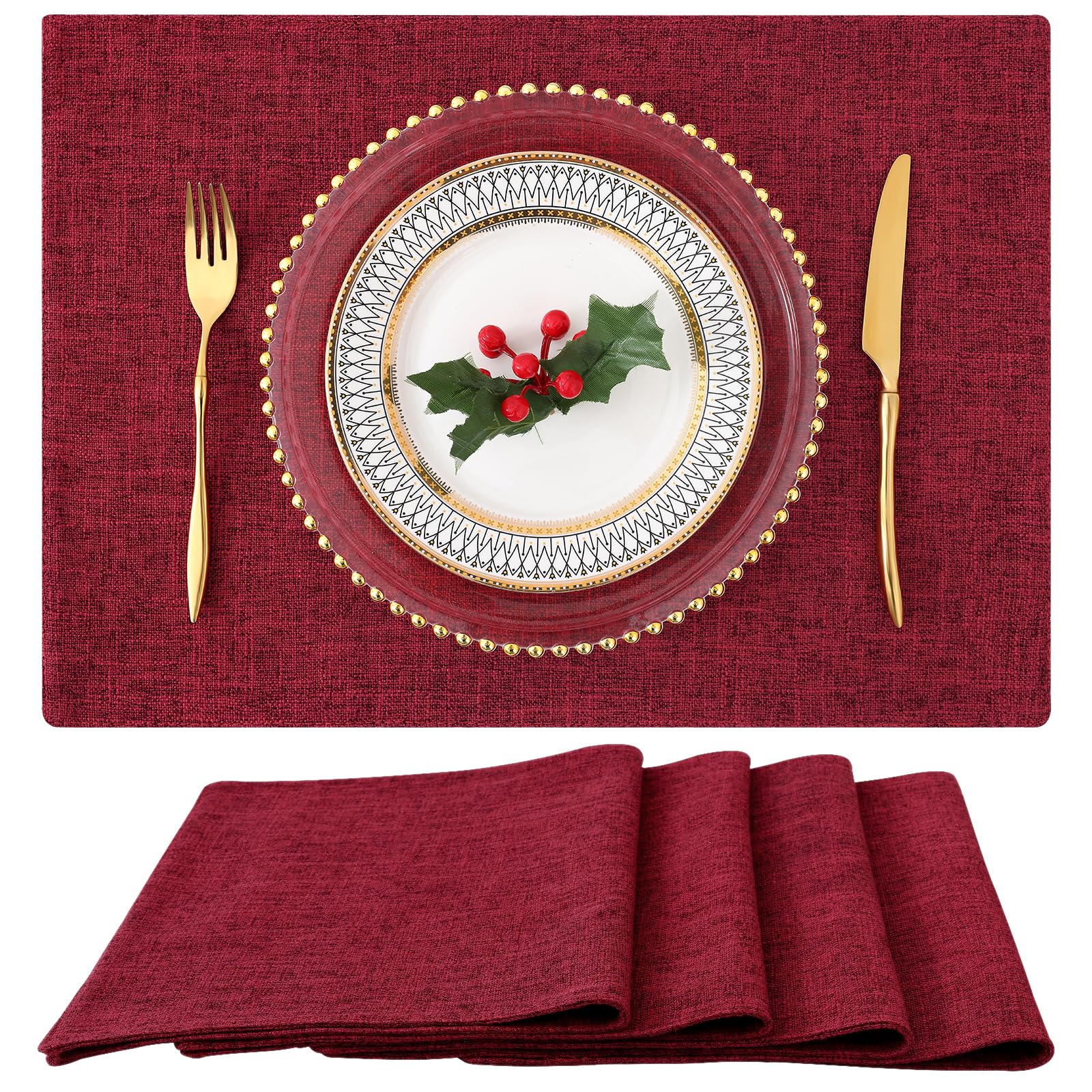 Homing Red Cloth Placemats Set Of 4 - Cotton Linen Blend Washable Farmhouse Dining Table Mats For Christmas, Easy To Clean, 13 X