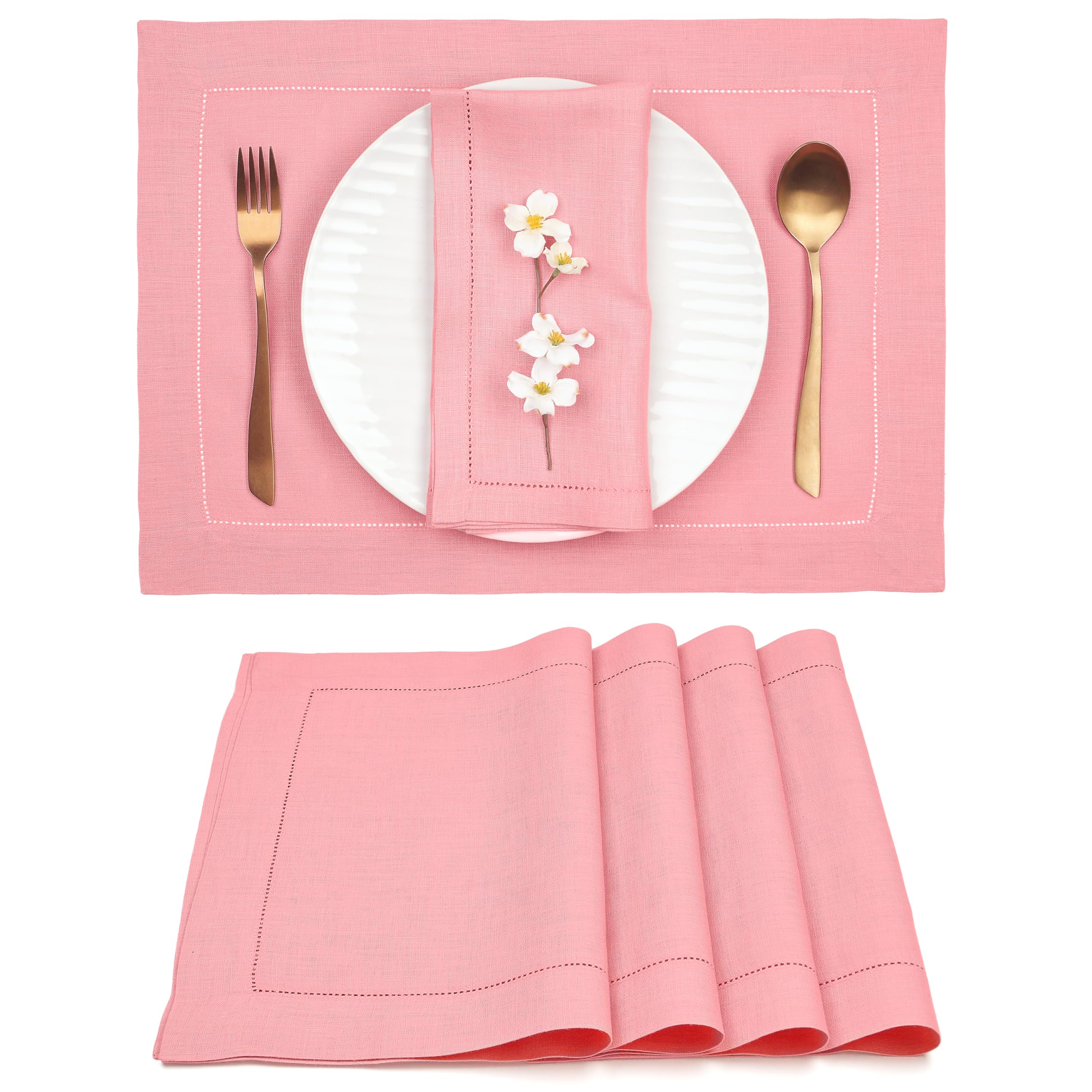 D'Moksha Homes Linen Placemats Set Of 4-100% Pure Linen Dusty Pink Placemats 14 X 19 Inch - Classic Hemstitch, Washable Dusty Pi