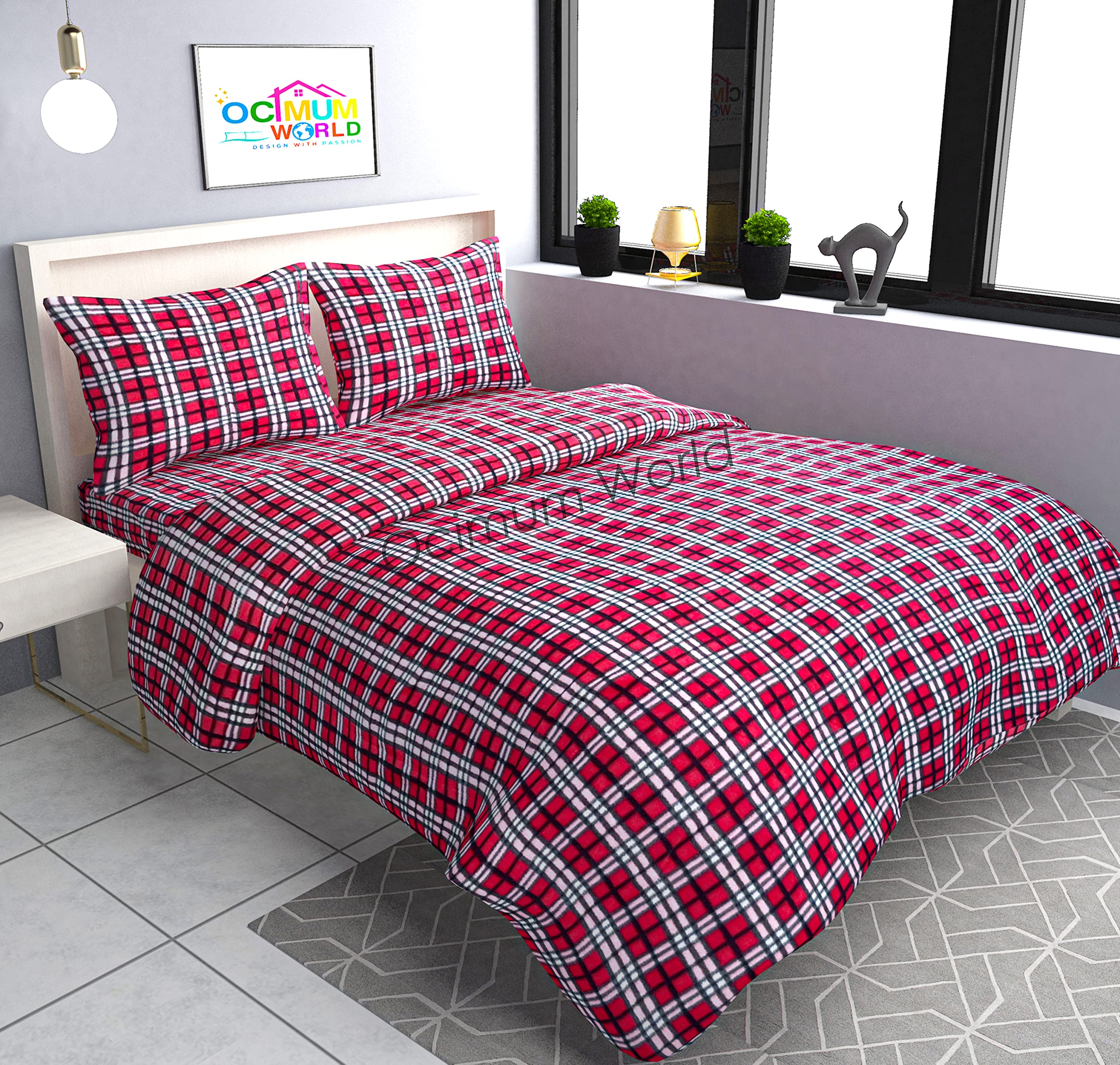 Morado Woolen Heavy Fleece Warm Checkered Double Bedsheet With Two Pillow Covers With Zipper For Winters (90100 Inches, Red)