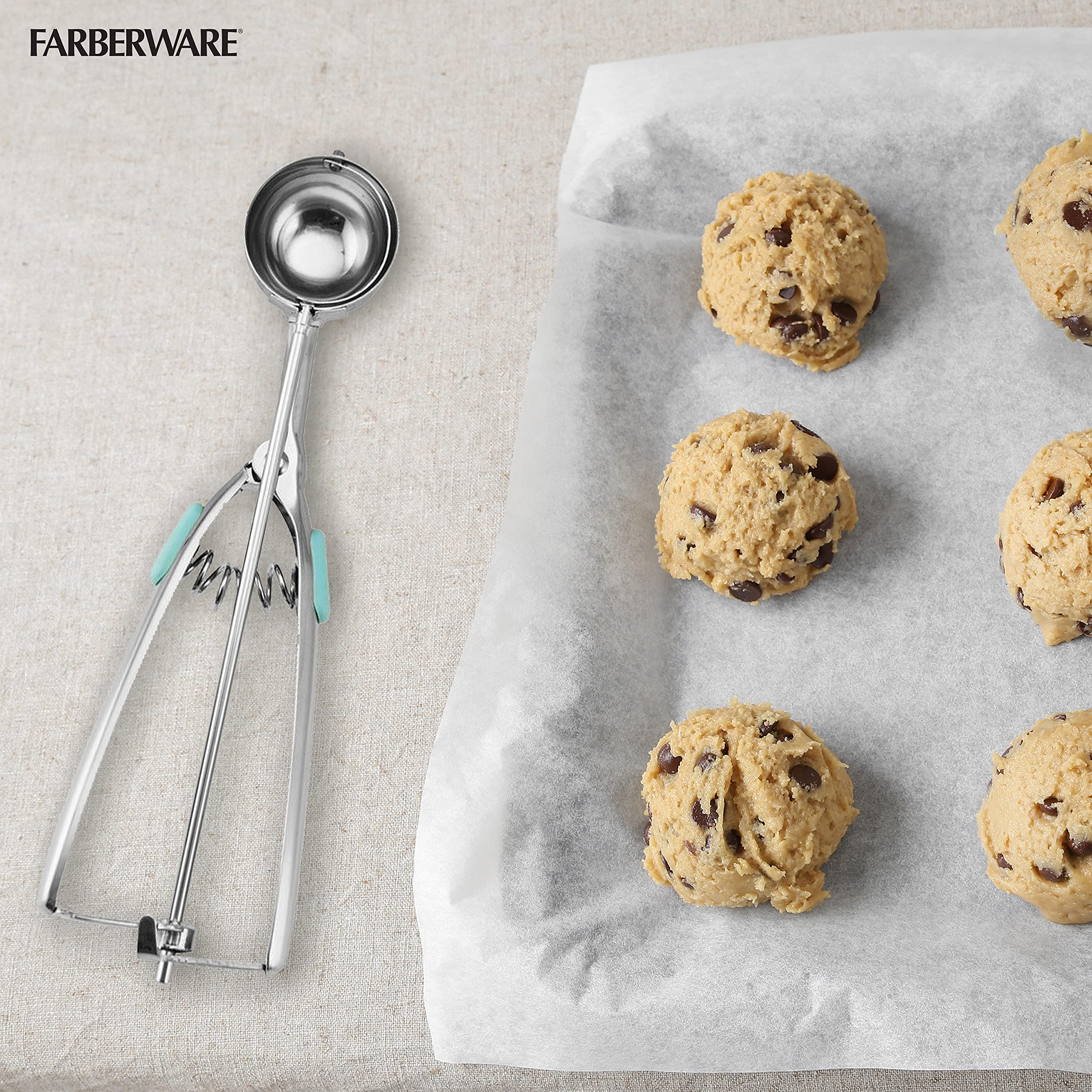 Farberware Stainless Steel Cookie Dough Scoop, 8.27 Inch, Aqua Sky, Model 5216363