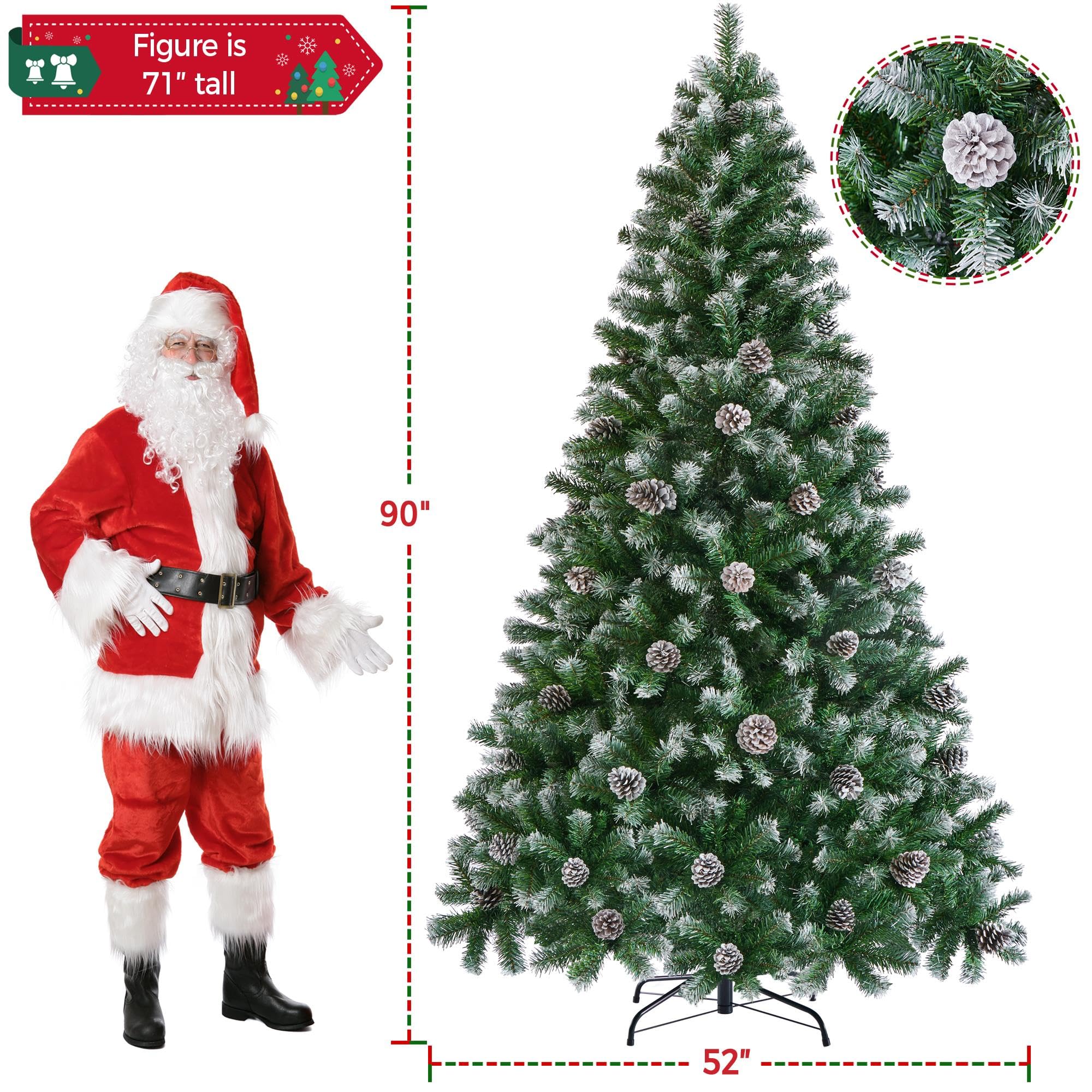 Yaheetech 7.5ft Artificial Christmas Tree, Snow Flocked Christmas Tree w/82 Pinecones, 1346 Frosted Tips, Pre-Decorated Tree for