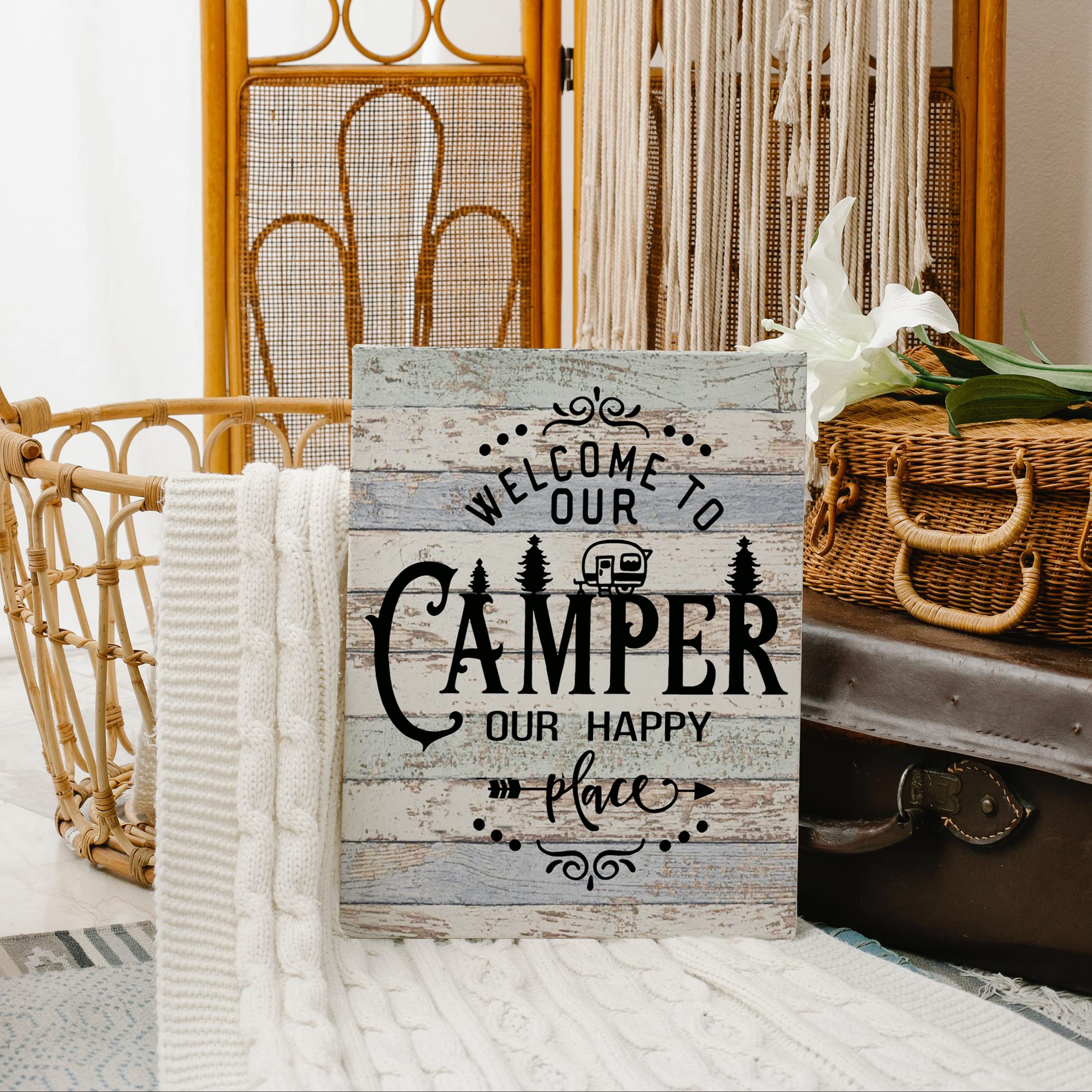 Welcome To Our Camper Our Happy Place Canvas Wall Art Prints Artwork Signs Framed For Rv Room Bathroom Trailer Decor, 11 X 14 In