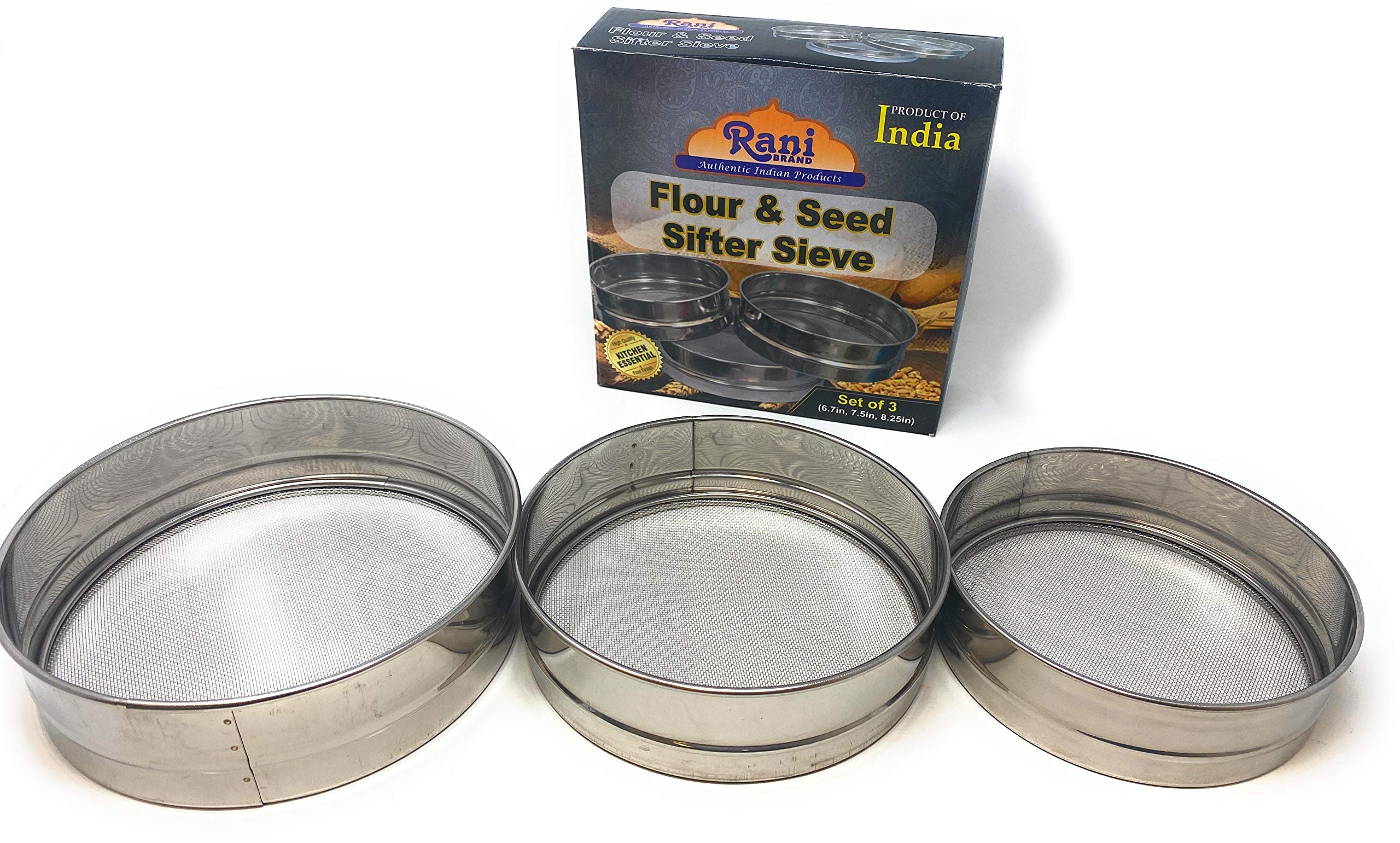 Stainless Steel Sieve ~ Set Of 3 ~ For Flours, Seeds, Beans & Lentils - Sizes 6.7'', 7.5'', 8.25'' By Rani Brand