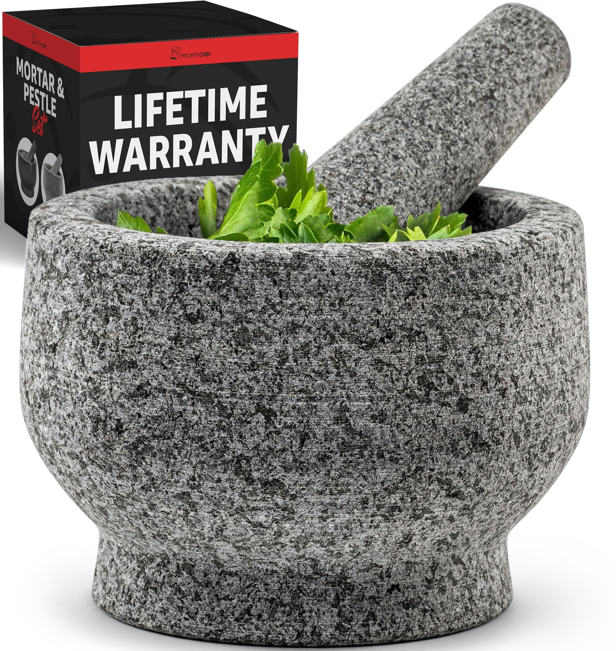 Prioritychef Mortar And Pestle Set, Heavy Duty Natural Granite, Make Fresh Guacamole At Home, Solid Stone Grinder Bowl, Herb Cru