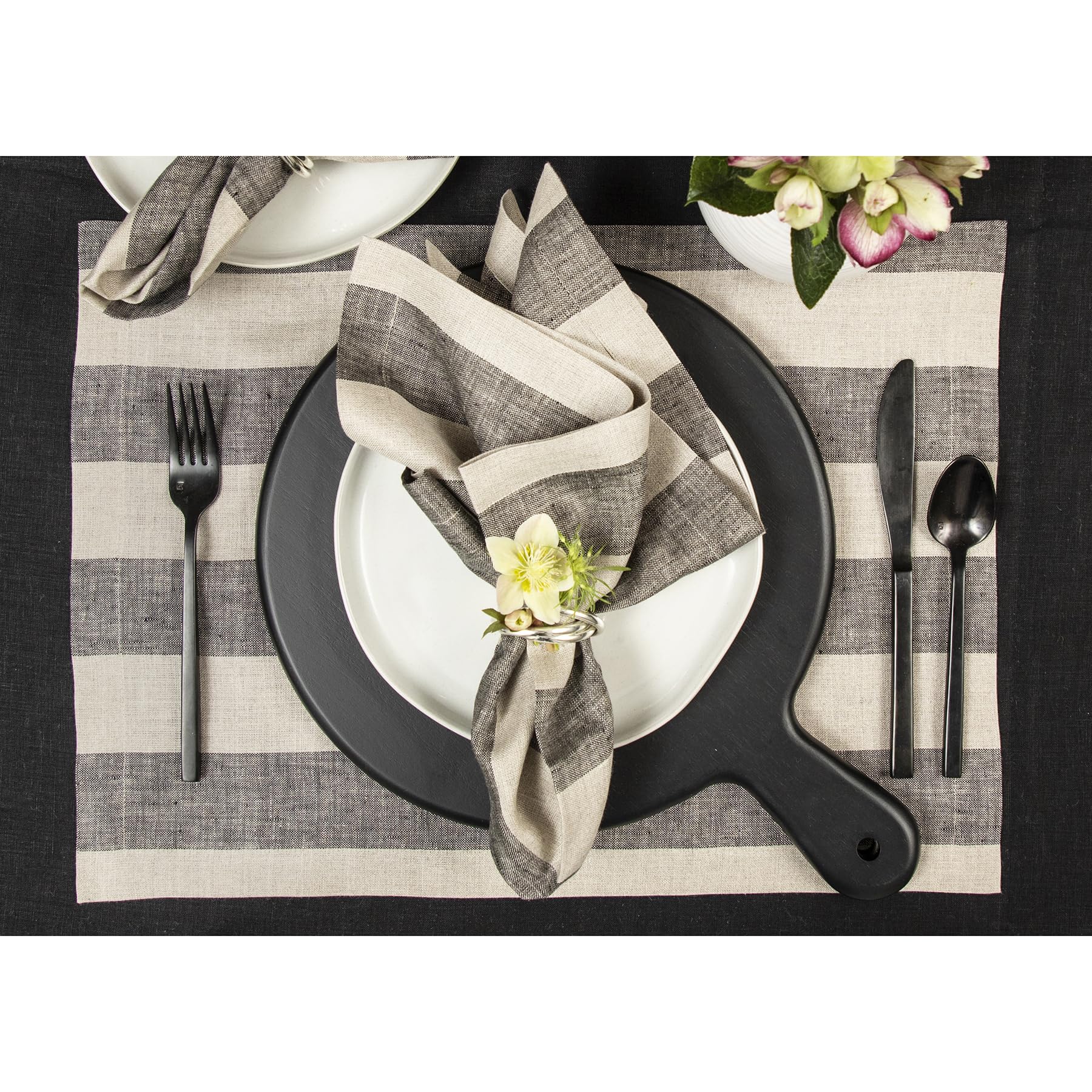 Solino Home Cabana Stripe Linen Placemats Set Of 4 - 100% Pure Linen Black And Natural Placemats 19 '' L X 14 '' W Inch - Machin