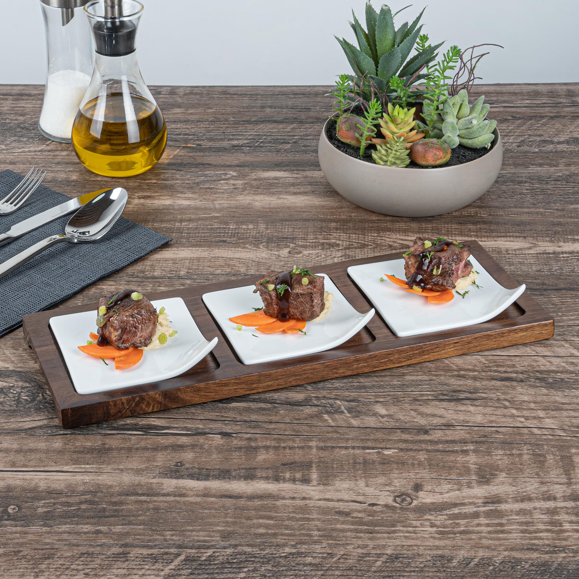 Restaurantware 14.2 X 5.1 X 1.5 Inch Square Plate Set With Tray - 1 Dishwashable Serving Tray Set Includes 3 Porcelain Plates An