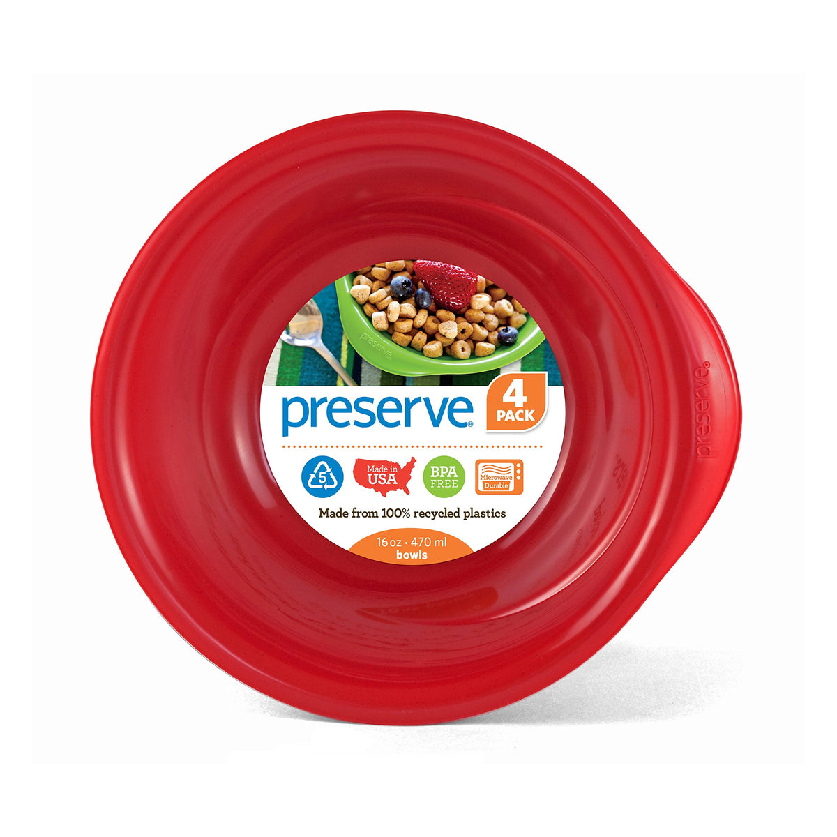 Preserve Everyday 16 Ounce Recycled Plastic Bowls, Set Of 4, Pepper Red