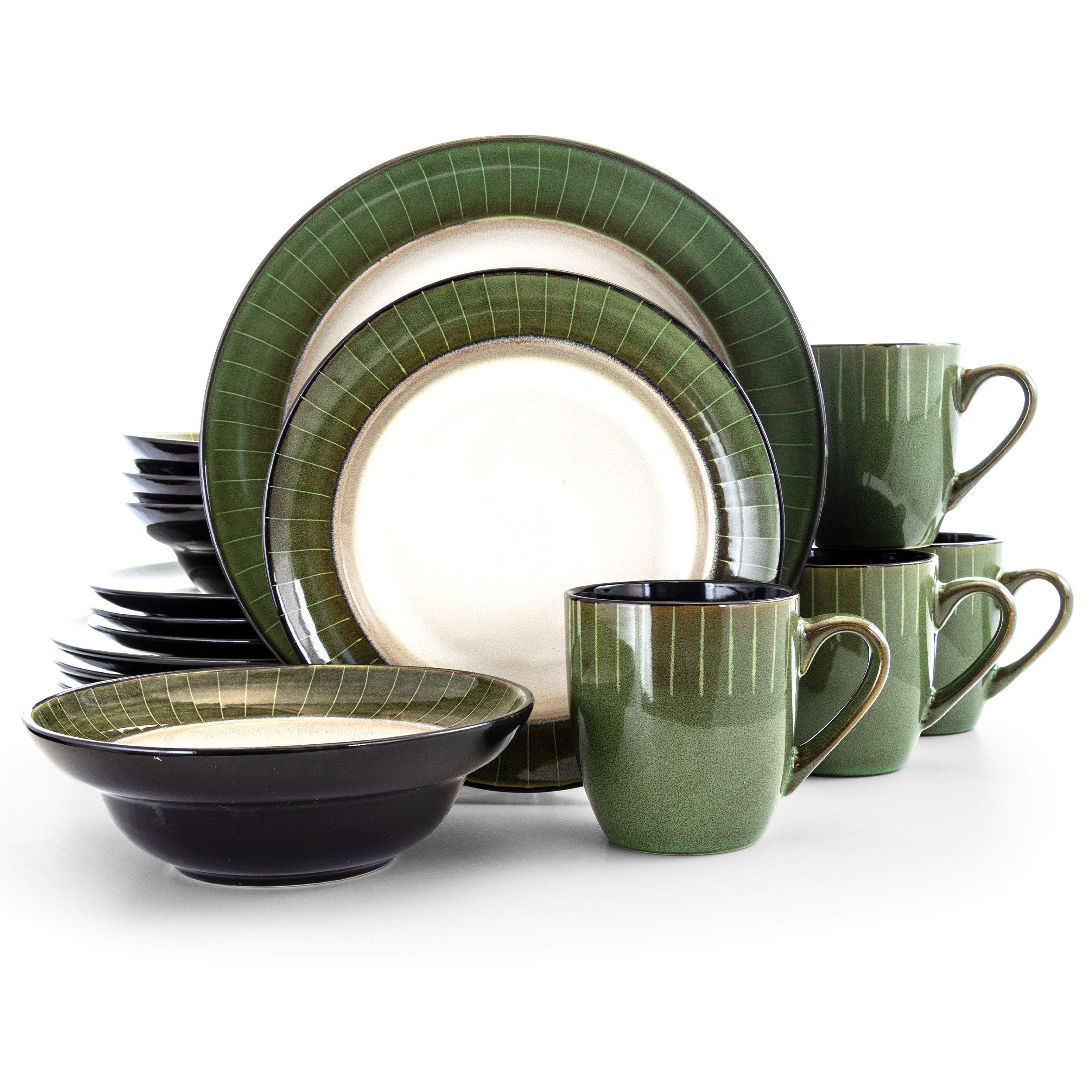 Elama Grand Piece Luxurious Stoneware Dinnerware with Complete 4, 16pc, 16 pc set, Jade and white