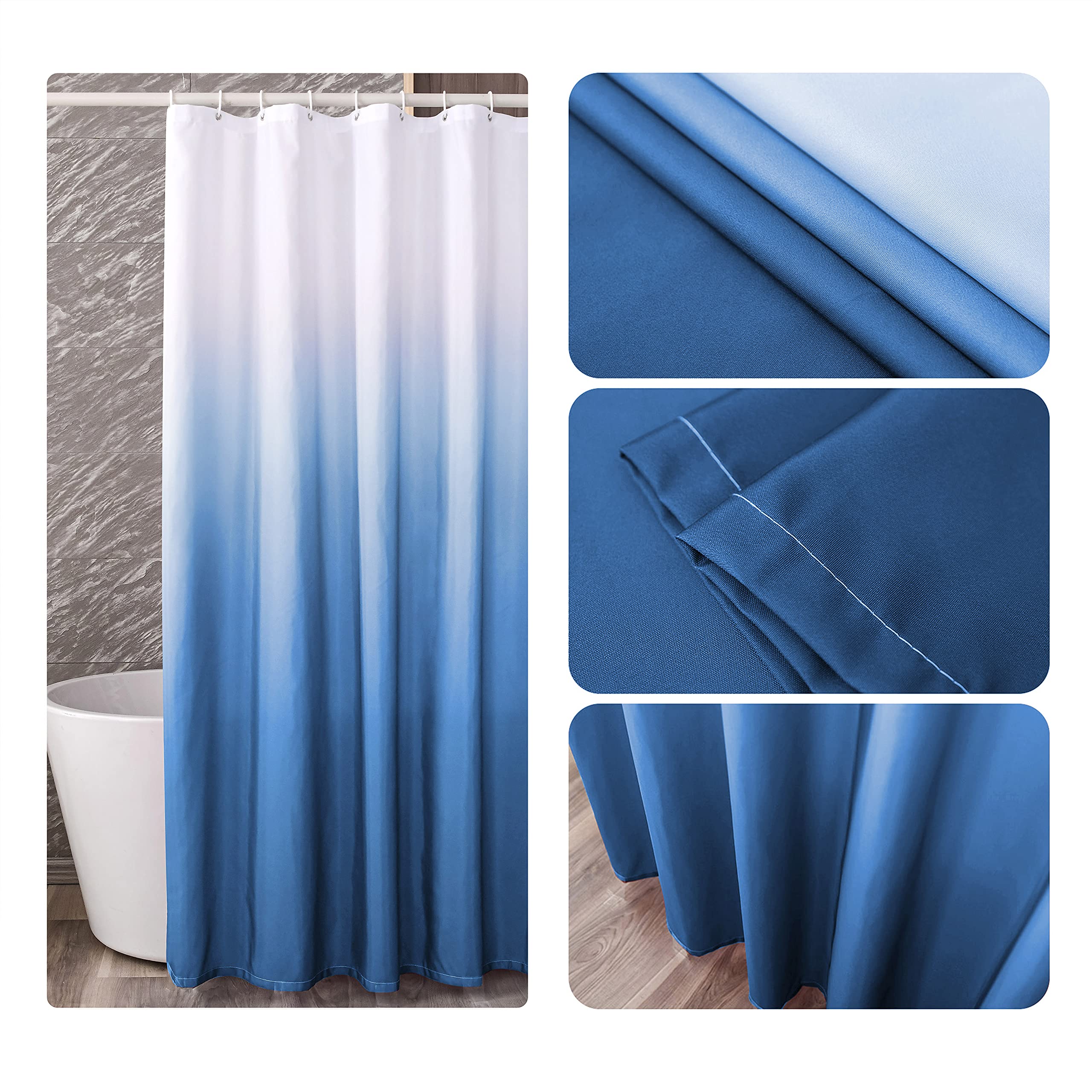 YI & ZE Ombre Shower Curtain Sets for Bathroom Accessories Fabric Polyester Waterproof Modern Shower Curtain Liner with 12 Hooks Navy Blue W72xL72