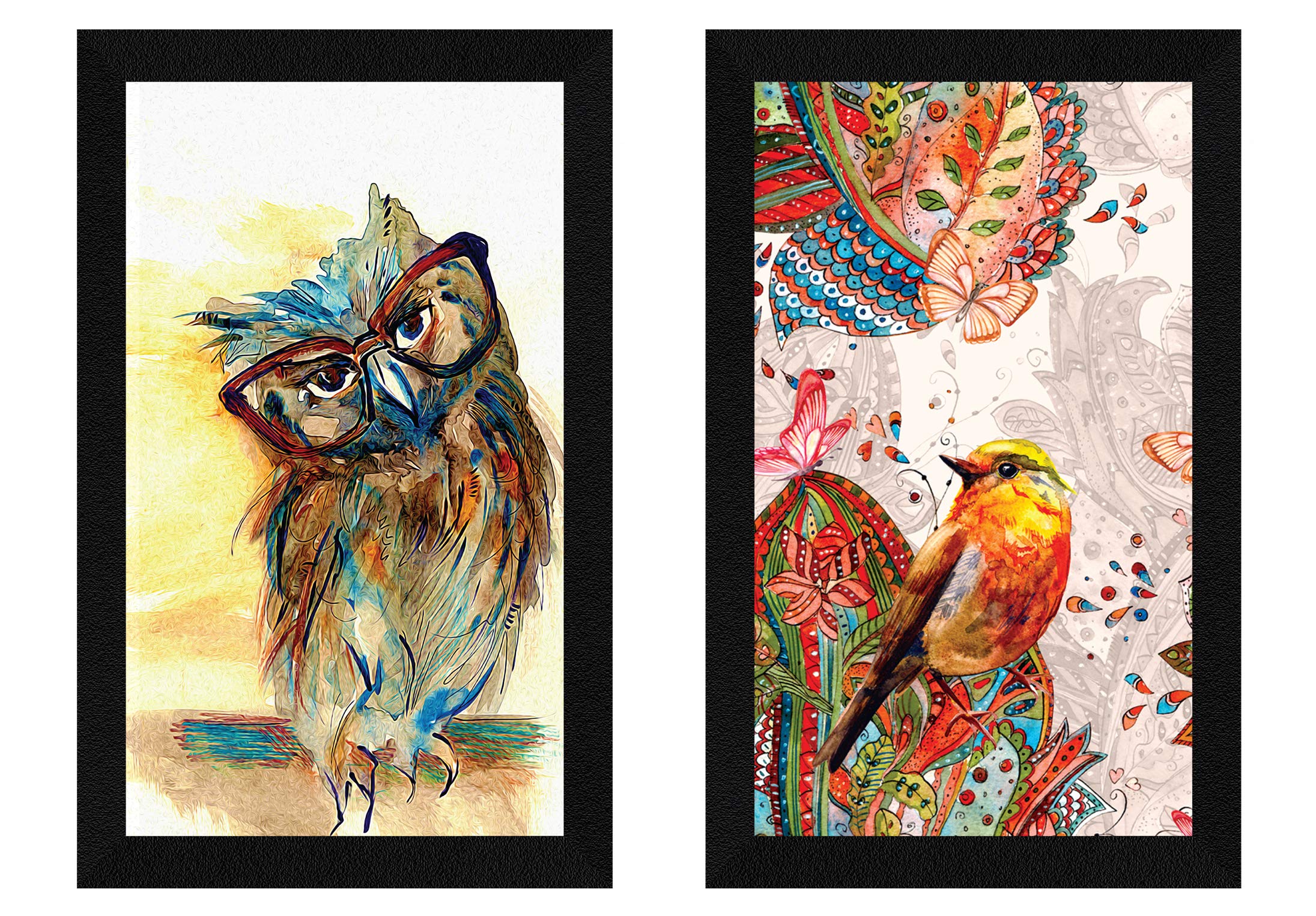 Artx Birds Owl And Sparrow Abstract Framed Paintings Combo Set Of 2 (8.5 X 13.5 Set Of 2 Paintings, Multicolor, Synthetic Wood)