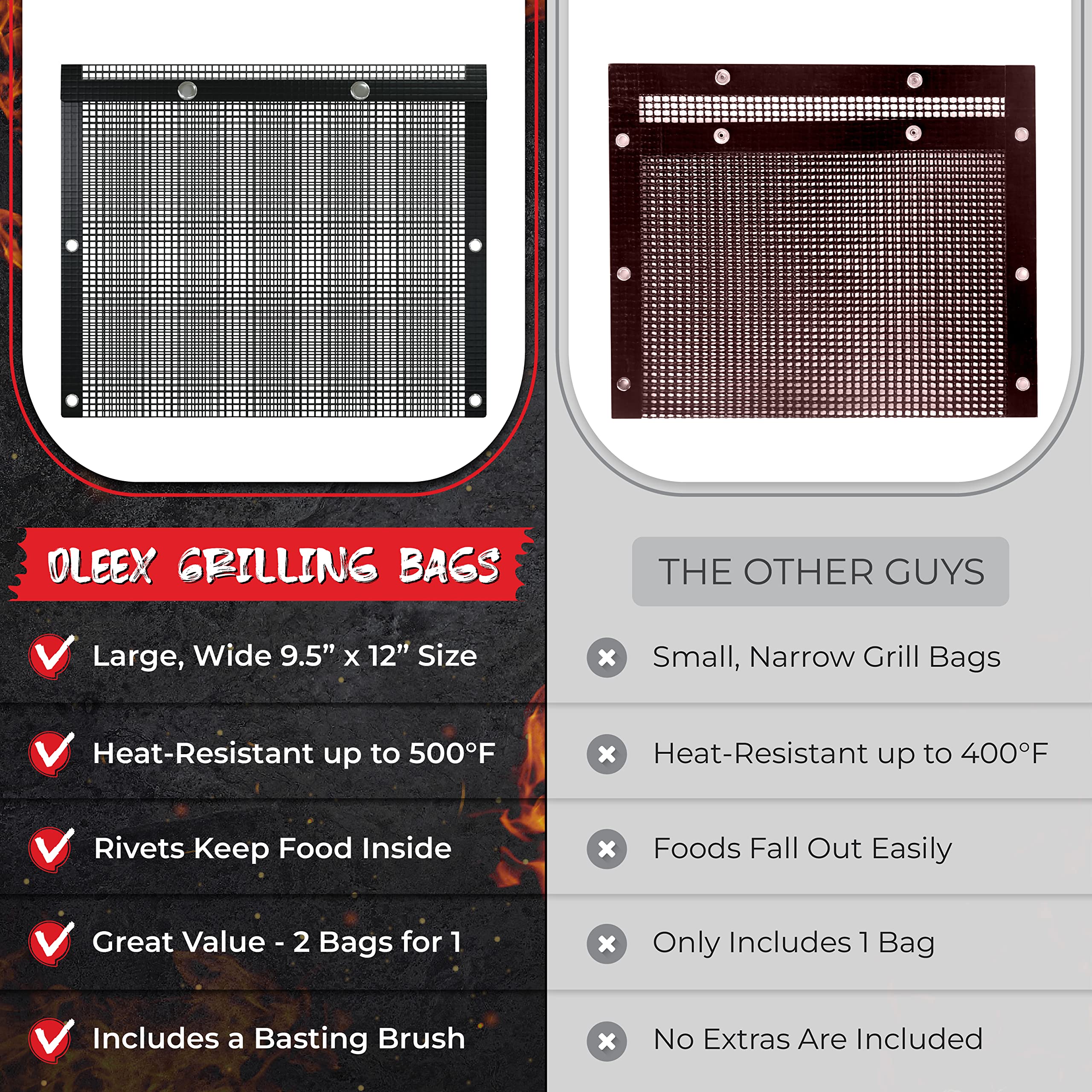 BBQ Non-Stick Large Mesh Grilling Bags + Basting Brush - Reusable PTFE Mesh Indoor Outdoor Charcoal Barbecue Grill Bag Accessories  Heat-Resistant Up to 500 F  Easy to Clean  Dishwasher-Safe - Set of 2