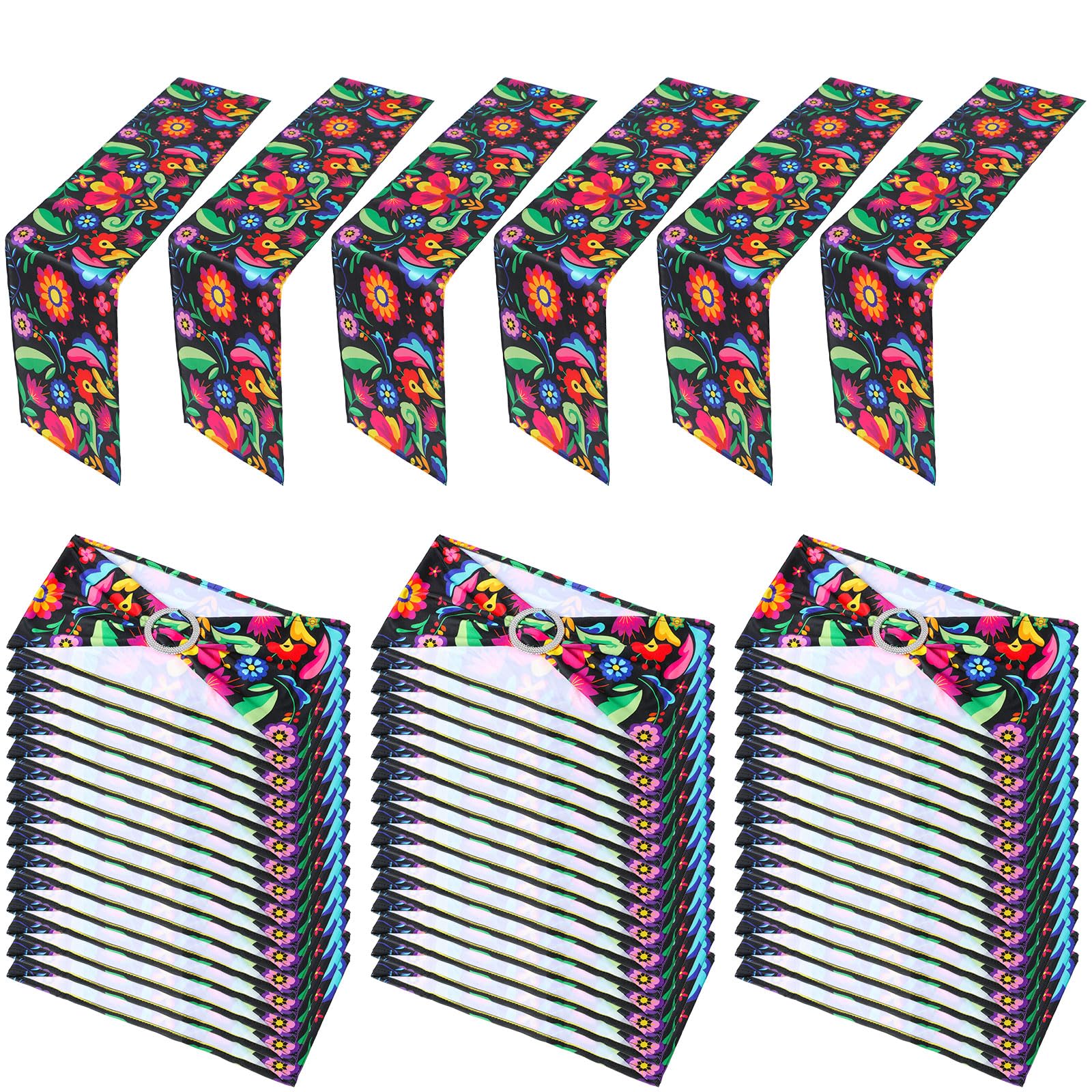 Newwiee 48 Pcs Mexican Floral Pattern Spandex Chair Sashes and 6 Pcs Mexican Table Runner Stretch Chair Ties Fringe Table Runner