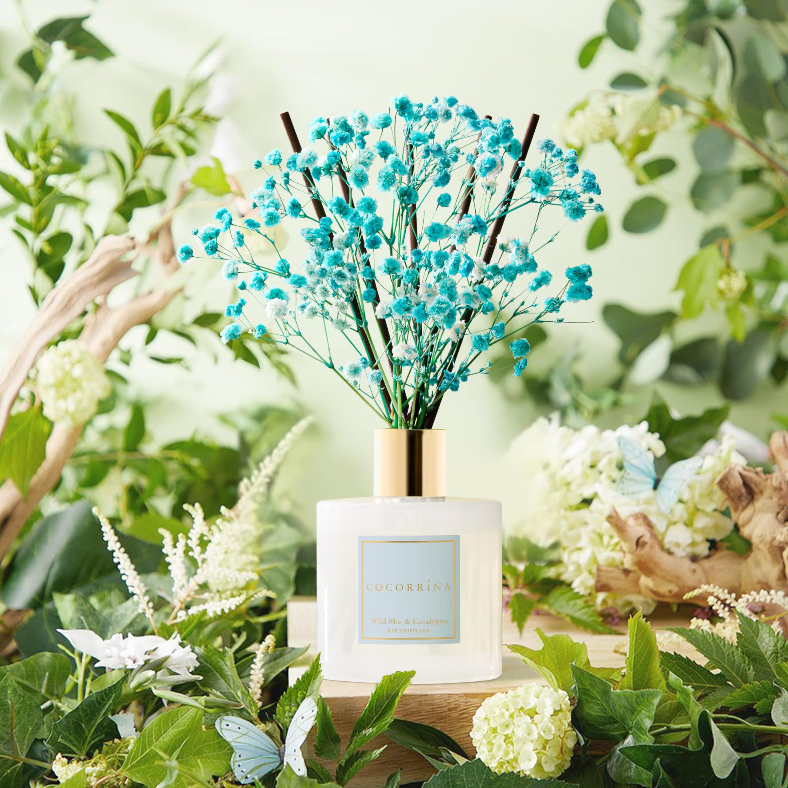 COCORR  NA Reed Diffuser - Wild Mint & Eucalyptus 6.7 Fl.oz Reed Diffuser Set with Sticks & Preserved Babys Breath, Reed Diffus