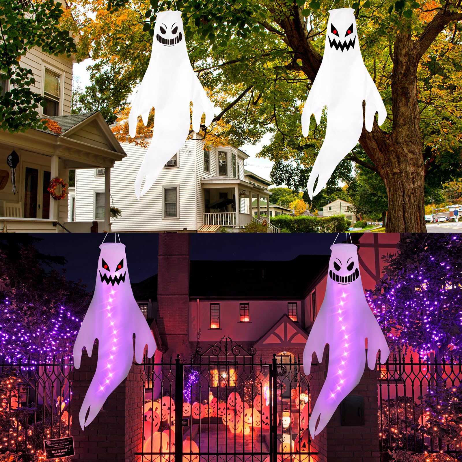 Geefuun 2PCS Purple Halloween Fierce Ghost Windsocks Hanging Decorations -43 Inch Flag Wind Socks for Home Yard Outdoor Decor Pa