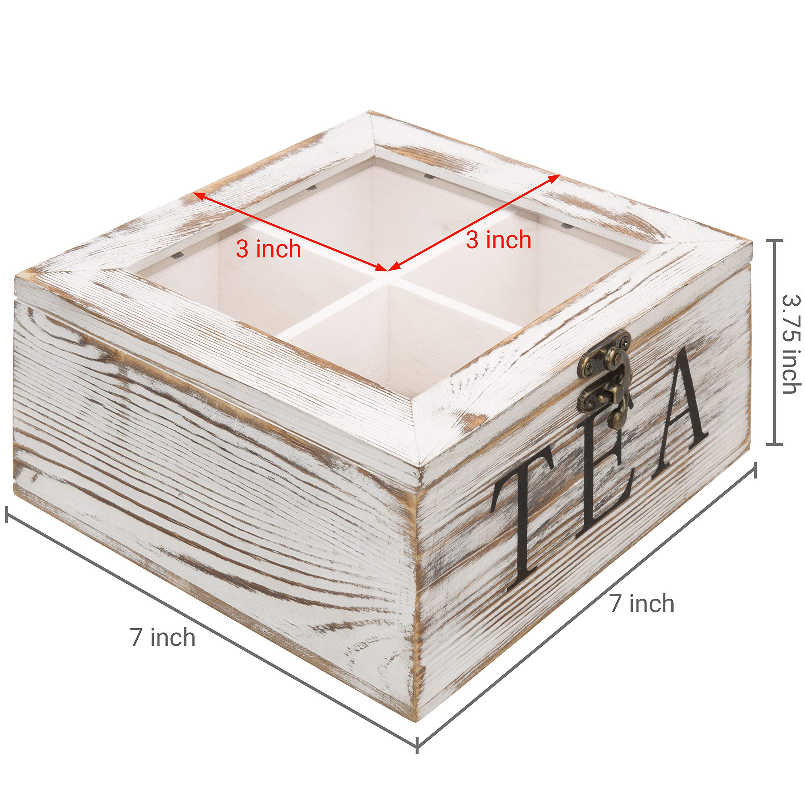 Mygift Shabby Whitewashed Solid Wood Tea Box Organizer With 4 Compartments, Teabag Storage Chest With Clear Acrylic Lid And Latc
