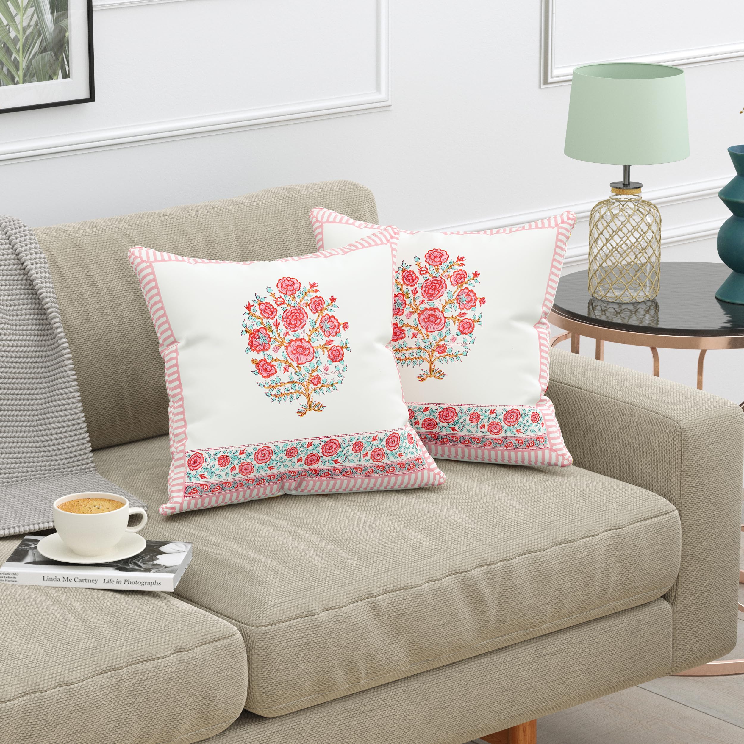Blocks Of India Hand Block Printed Cotton Cushion Cover (16 X 16 Inches) (2, Pink Rose)