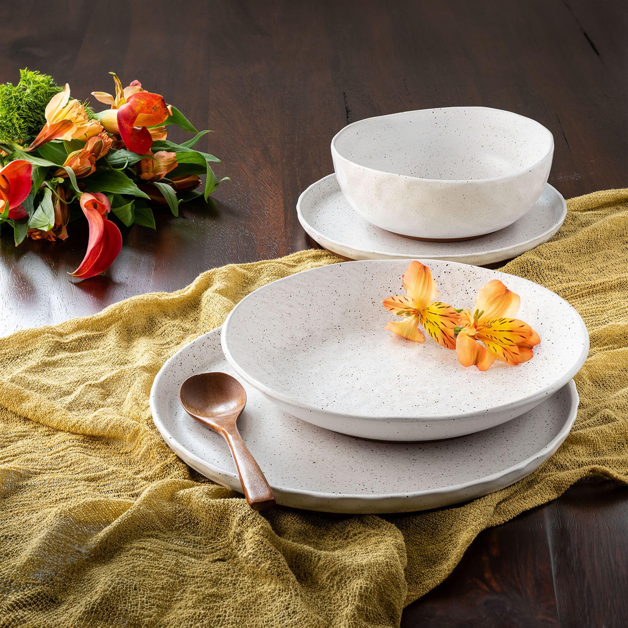 Sango Kaya 16-Piece Casual White Stone Dinnerware Set - Service for 4, Plate & Bowl Set, Rustic White Speckled Design, for Every