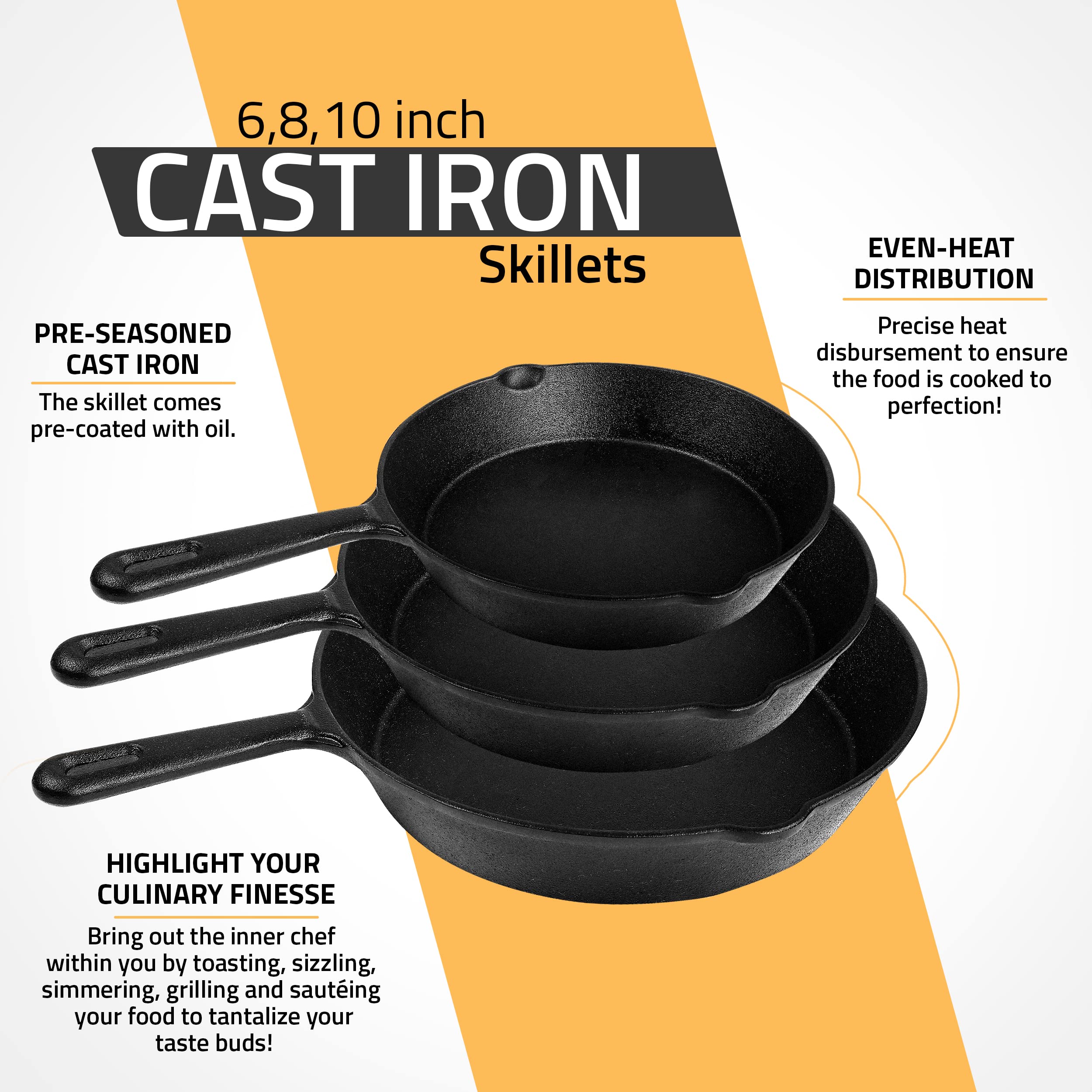 Utopia Kitchen Cast Iron Skillets Set - Pre-Seasoned 3-Piece (6, 8, 10 Inch) - Black - Oven, Stove, Grill, Campfire Safe