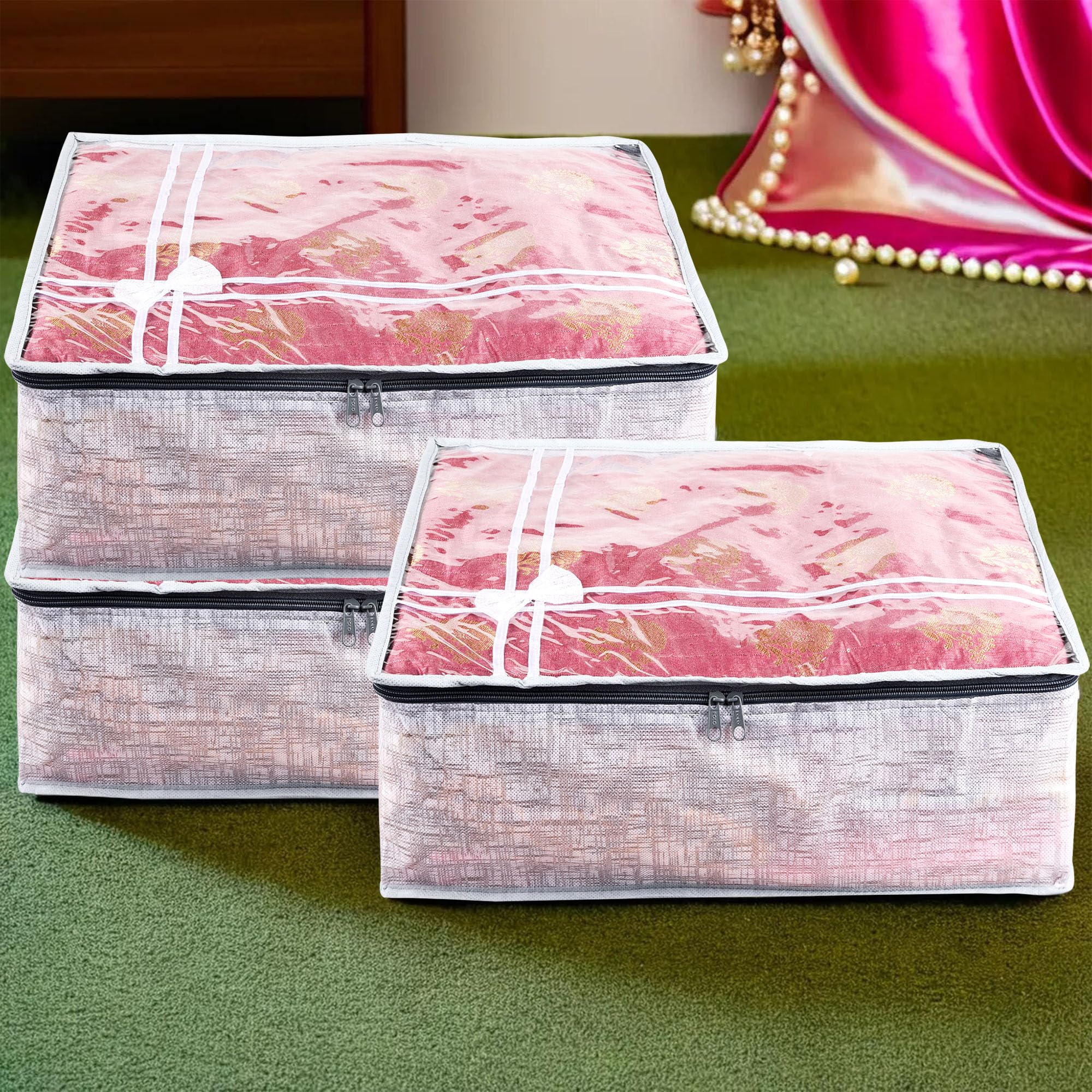 Heart Home Pack Of 3 Saree Storage Bag | 6 Inch | Wardrobe Storage Bag For SareeSuitLehenga | LightweightPortable Garments Ba