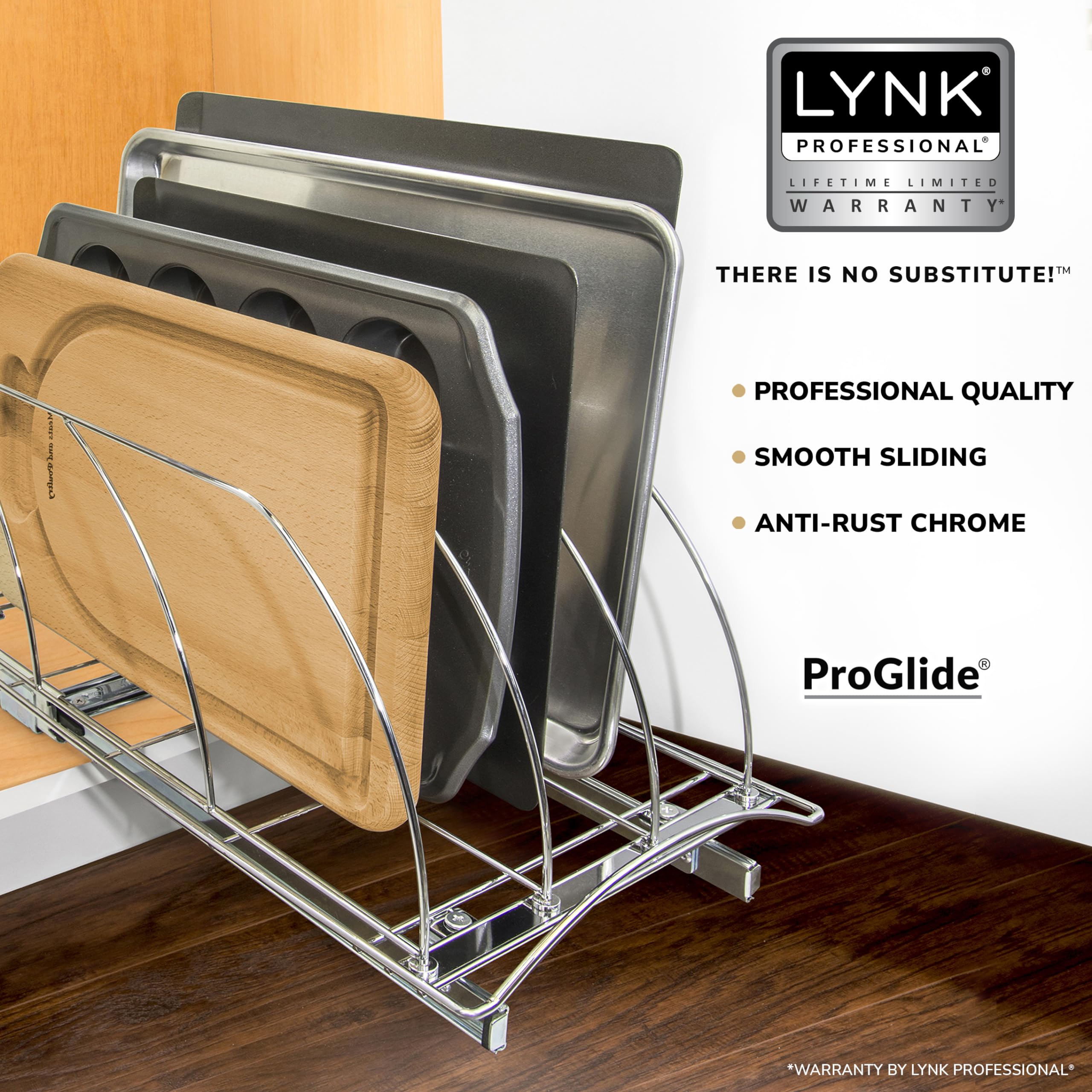 Lynk Professional Pull Out Cutting Board, Cookie Sheet, And Baking Pan Organizer Rack - Lifetime Ltd. Warranty - Slide Out Kitch