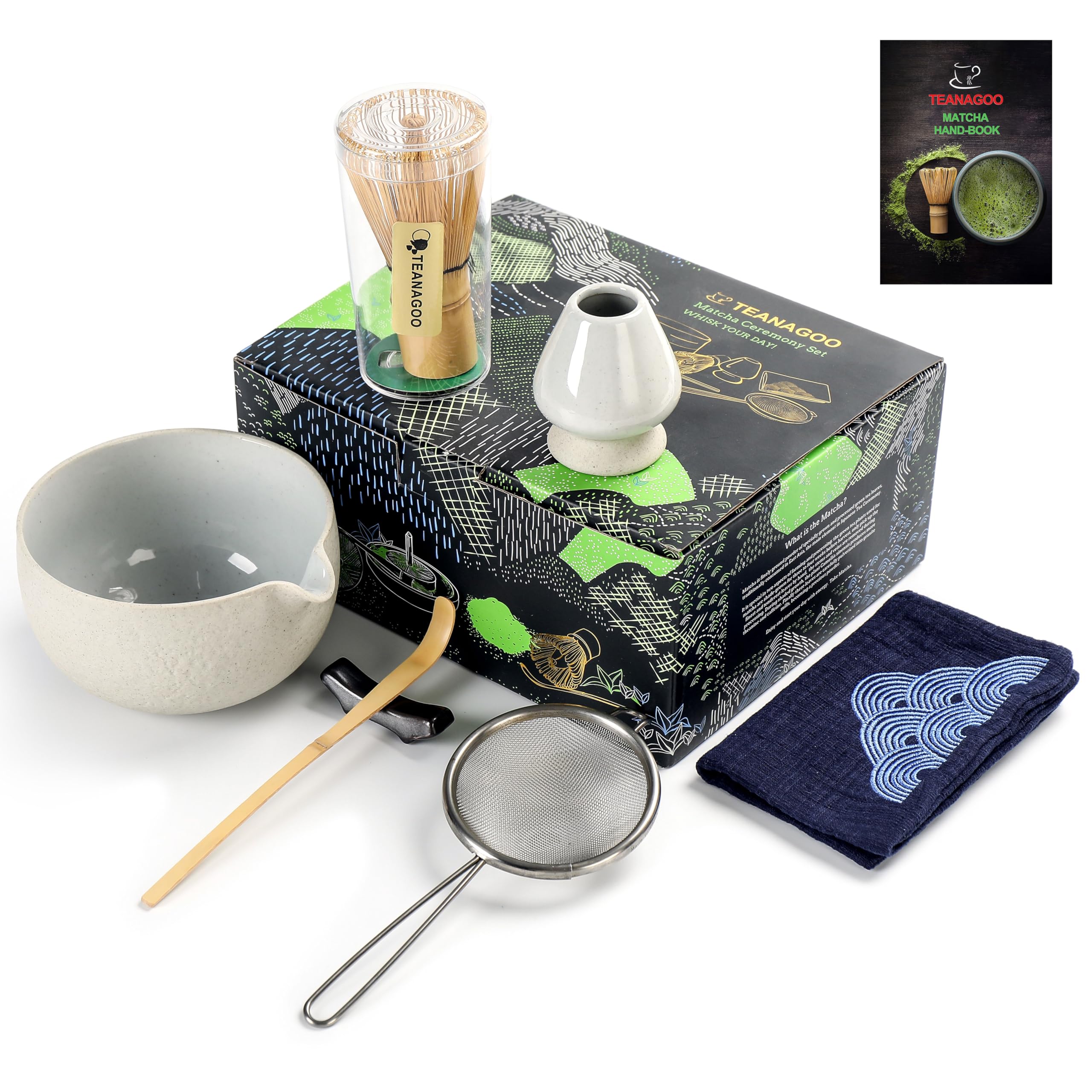 Japanese Tea Set (7Pcs) Matcha Whisk Set Matcha Bowl With Pouring Spout Bamboo Matcha Whisk (Chasen) Scoop (Chashaku) Matcha Whi