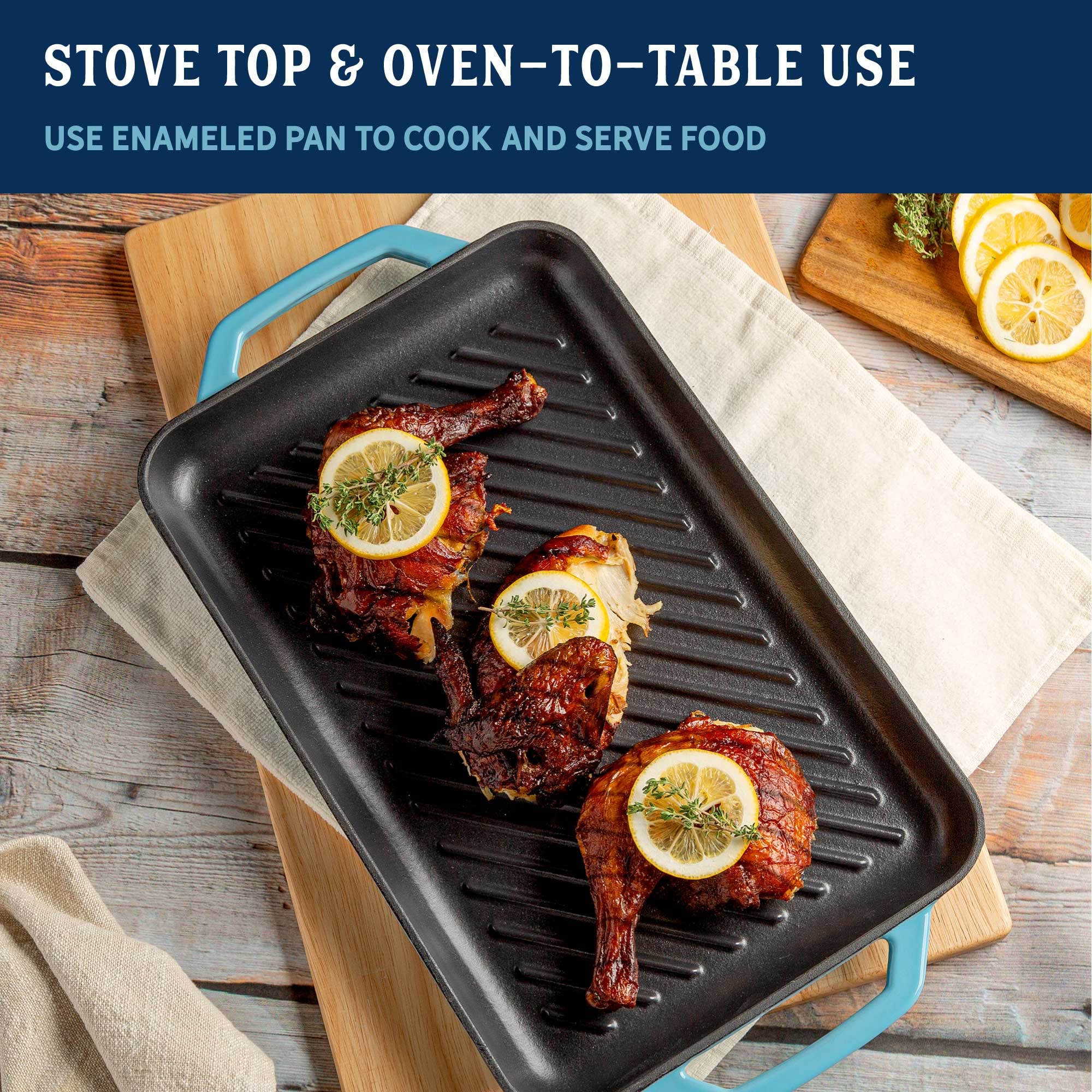 Country Living Enameled Cast Iron Grill Pan, Family Sized Rectangular Griddle, Durable Indoor And Outdoor Cookware, 17'' X 9.5''