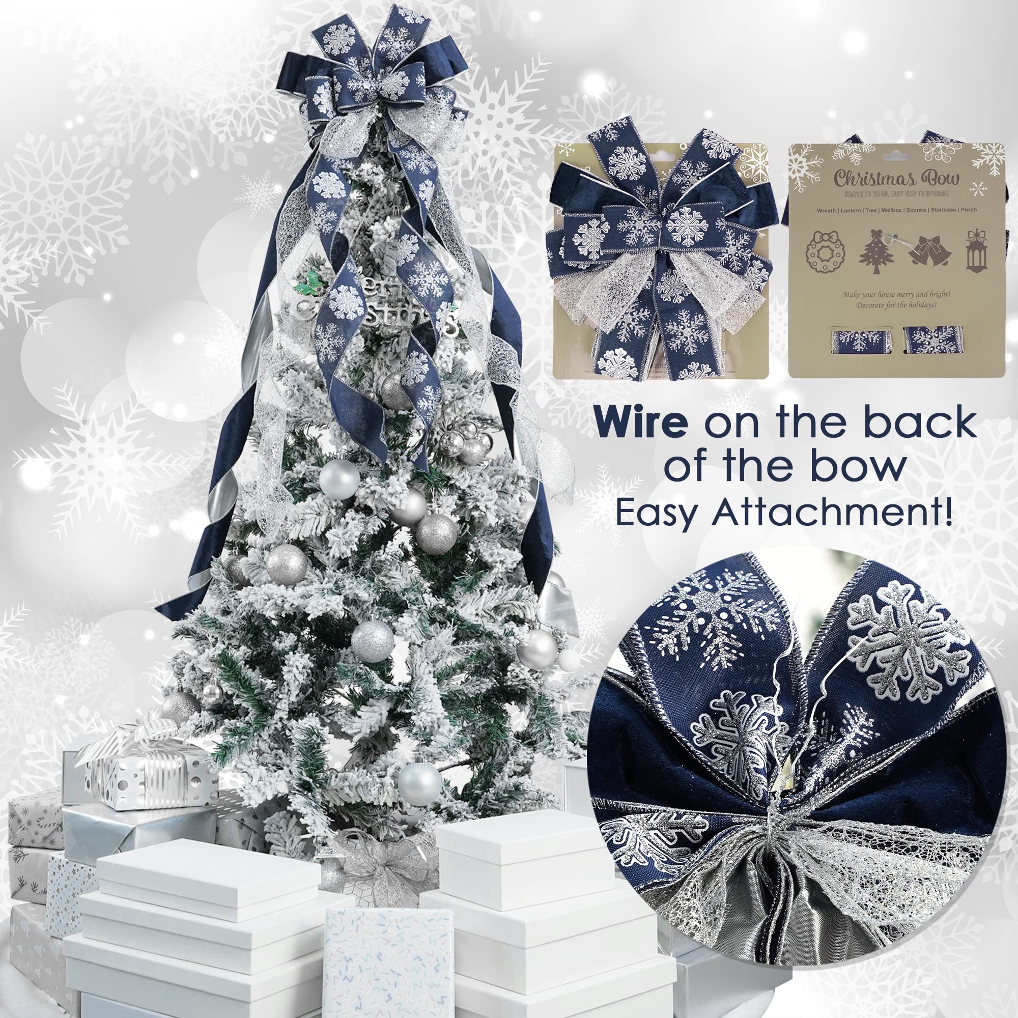 MEEDEE Navy Blue Tree Topper Navy Blue Christmas Tree Topper Bow 12 inch Wide Navy Blue Silver Glitter Yule Tree Wreath Bow Chri