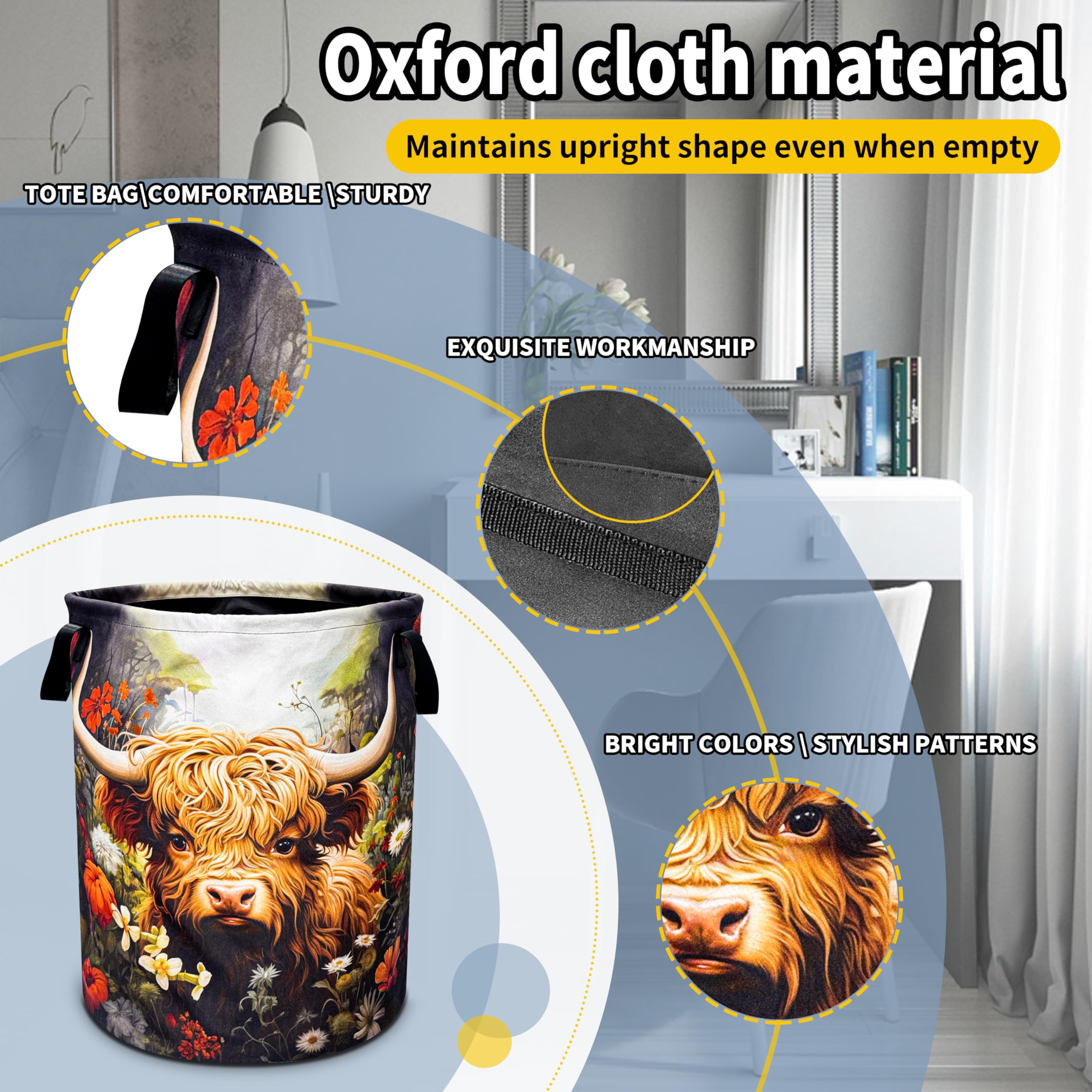 Highland Cow Flowers Laundry Basket Cattle Foldable Oxford Cloth Funny Tote Bag Laundry Hamper Clothes Storage Bucket Toy Organi