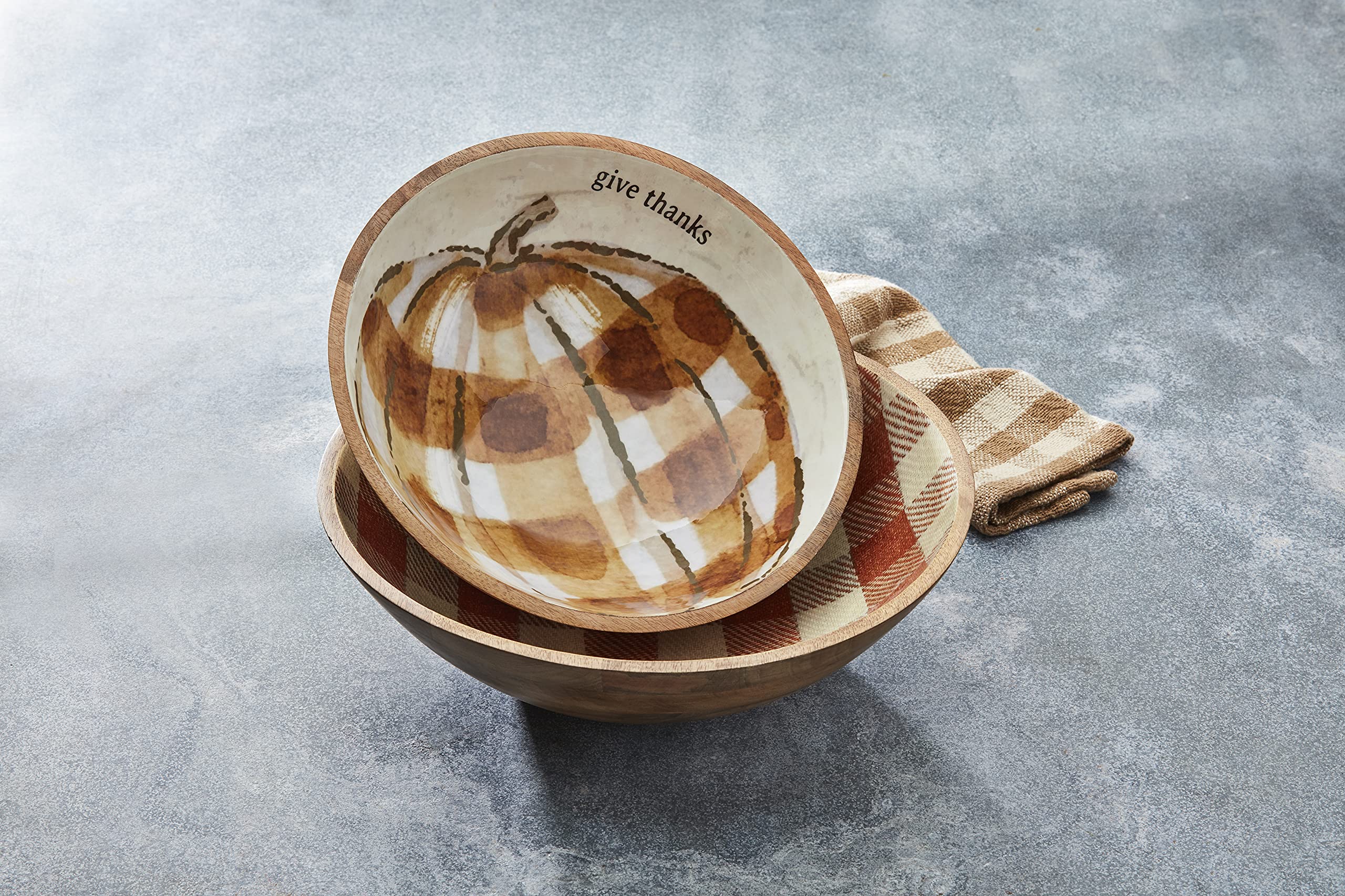 Mud Pie Nessted Check Pumpkin Bowl Set, Orange, Small 4'' X 12'' Dia | Large 4'' X 14'' Dia