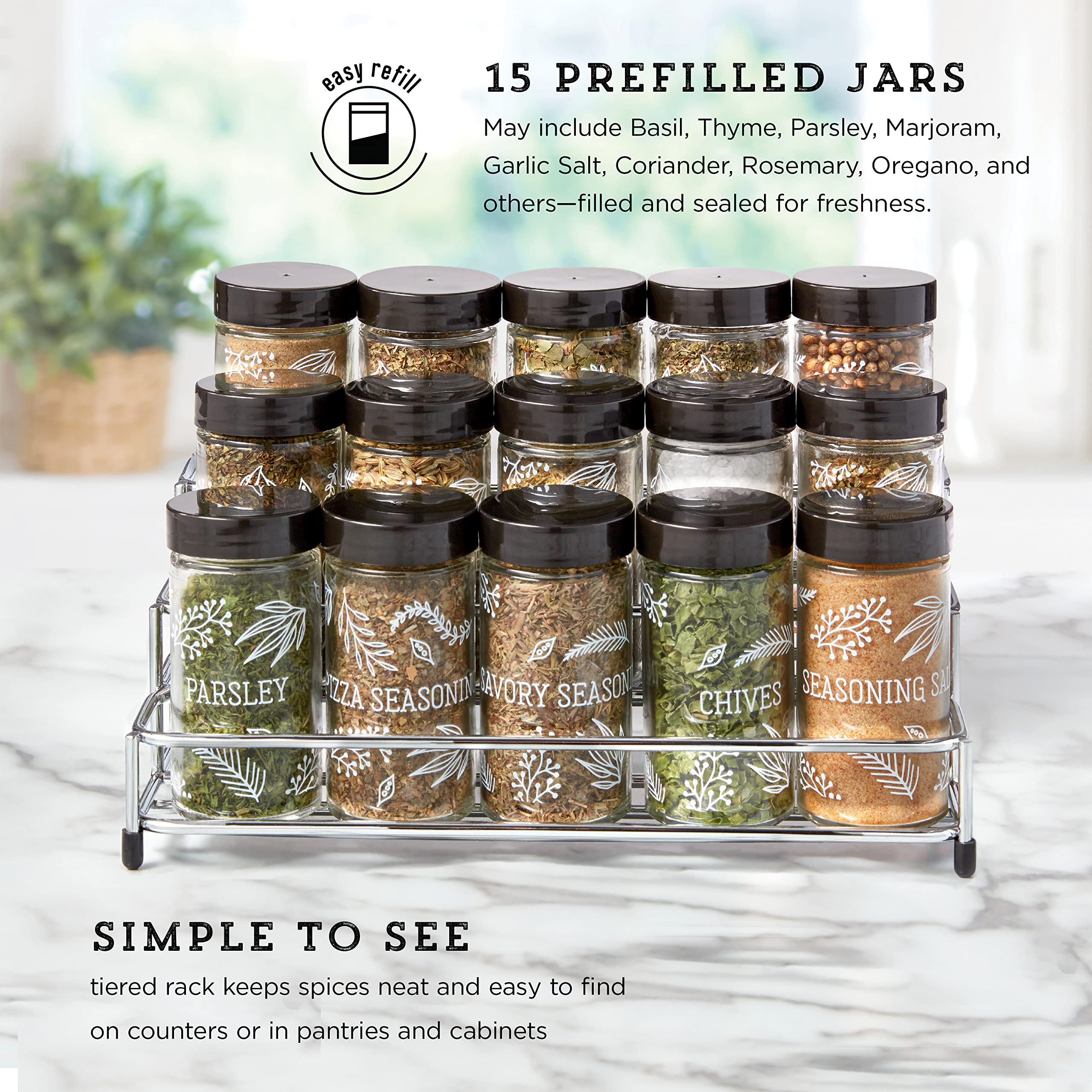 Kamenstein 15 Jar Lincoln Countertop Spice Rack with Spices Included, FREE Spice Refills for 5 Years, Chrome with Black Caps , 9