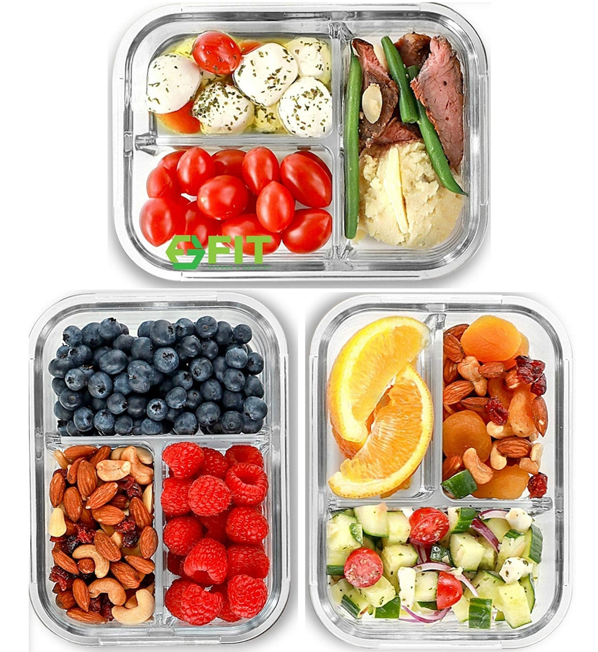 Fit Strong & Healthy Glass Meal Prep Containers 3 Compartments - Portion Control, Snack & Lunch Container, Food Storage, Airtigh
