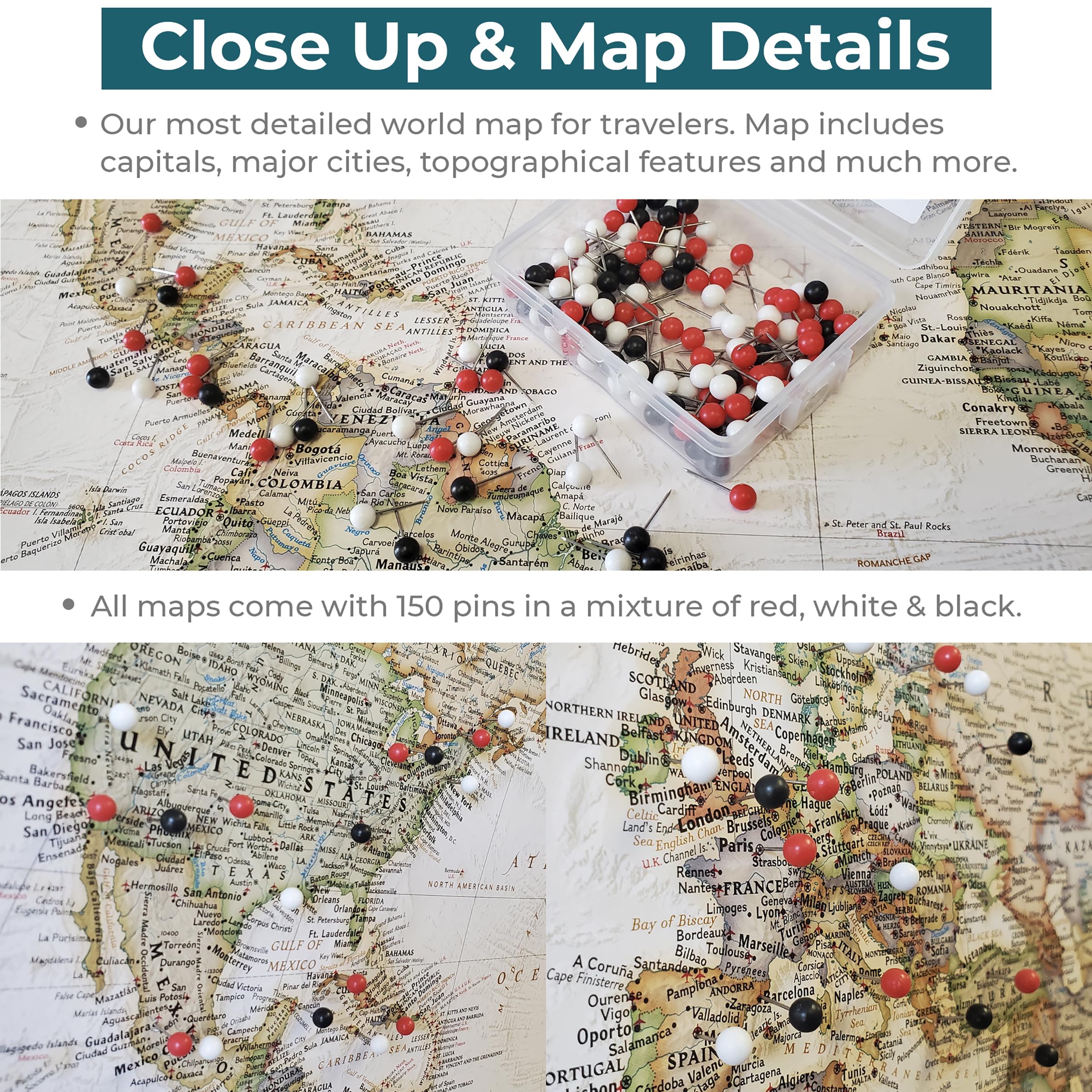 Push Pin Travel Maps - Executive World - Brown Frame Framed Pin Map For Tracking Your Travels - 27.5'' X 39.5'' - 8 Handcrafted
