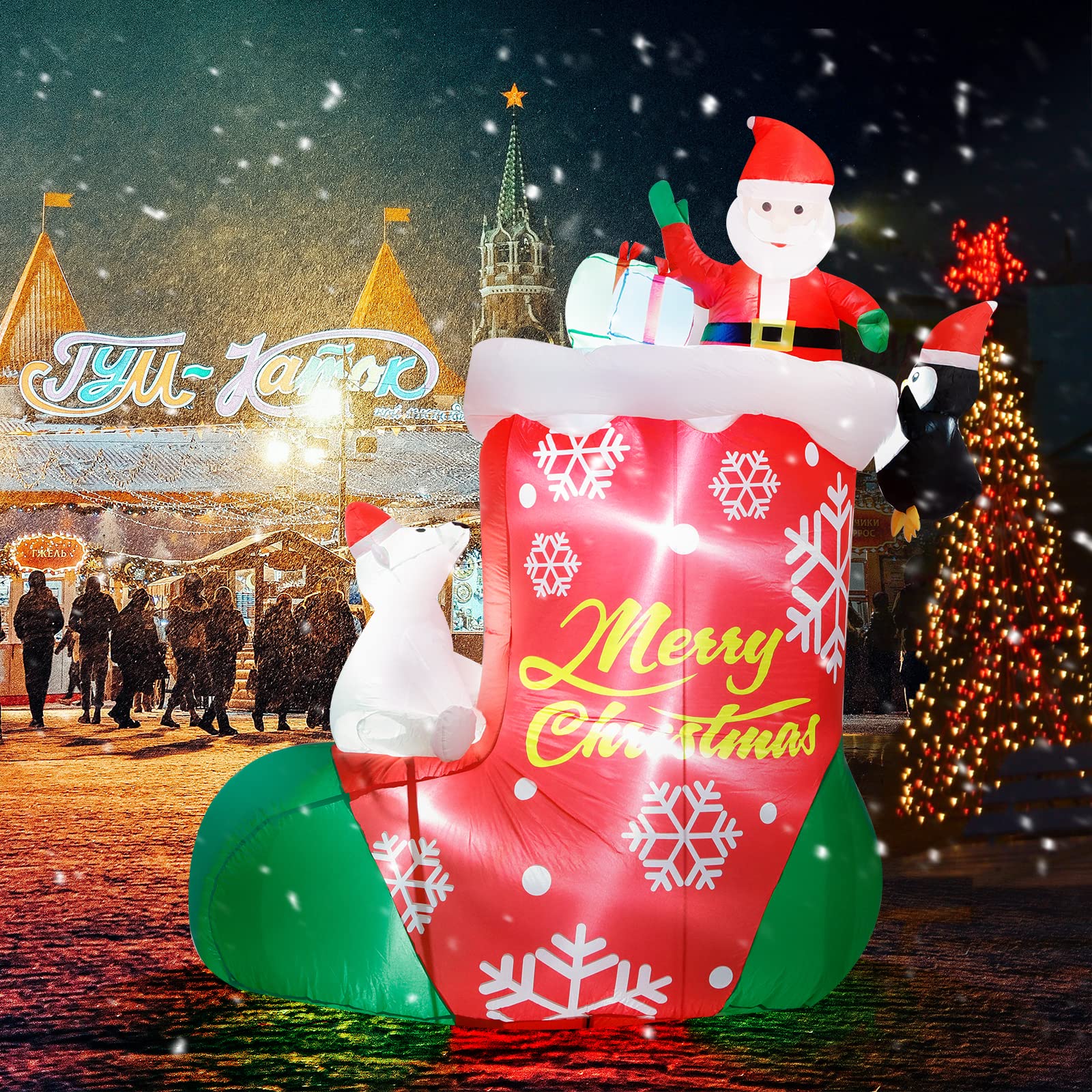 ASTEROUTDOOR 8FT Christmas Inflatable Decoration Bear Sitting on The Sock with Santa and Gift Box, Holliday Decoration, LED Ligh
