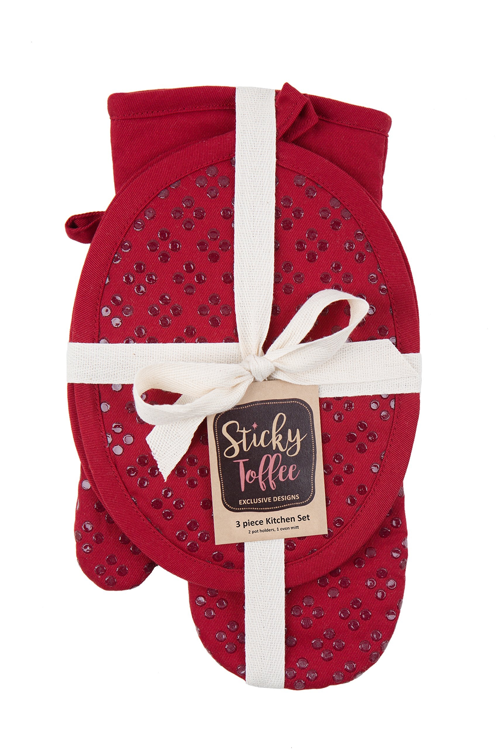 Sticky Toffee Oven Mitt And Pot Holders Set Of 3, Non-Slip Silicone Kitchen Hot Pads And Oven Mitts Set, Oeko-Tex 100% Cotton Sh