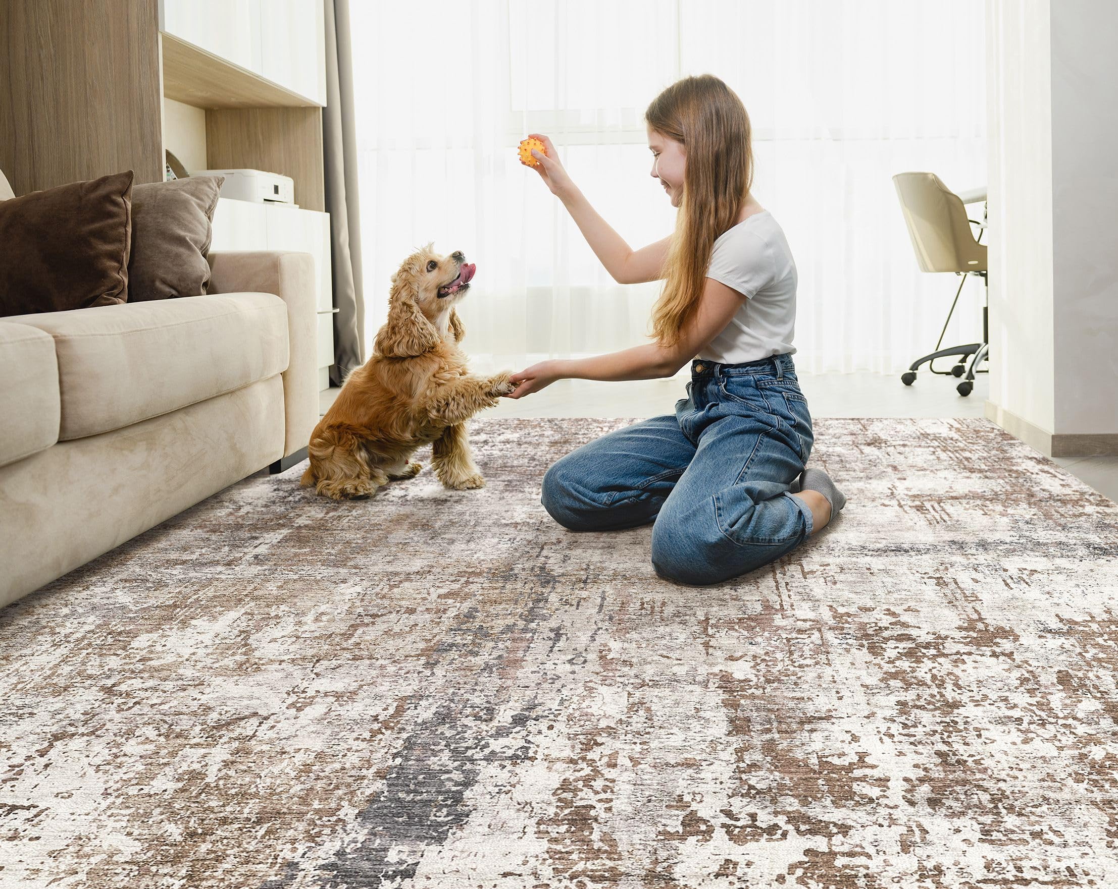 UERMEI 5x7 Area Rug Living Room Rugs - Washable Neutral Modern Abstract Soft Thin Rug Indoor Floor No Slip Rug Carpet for Bedroo