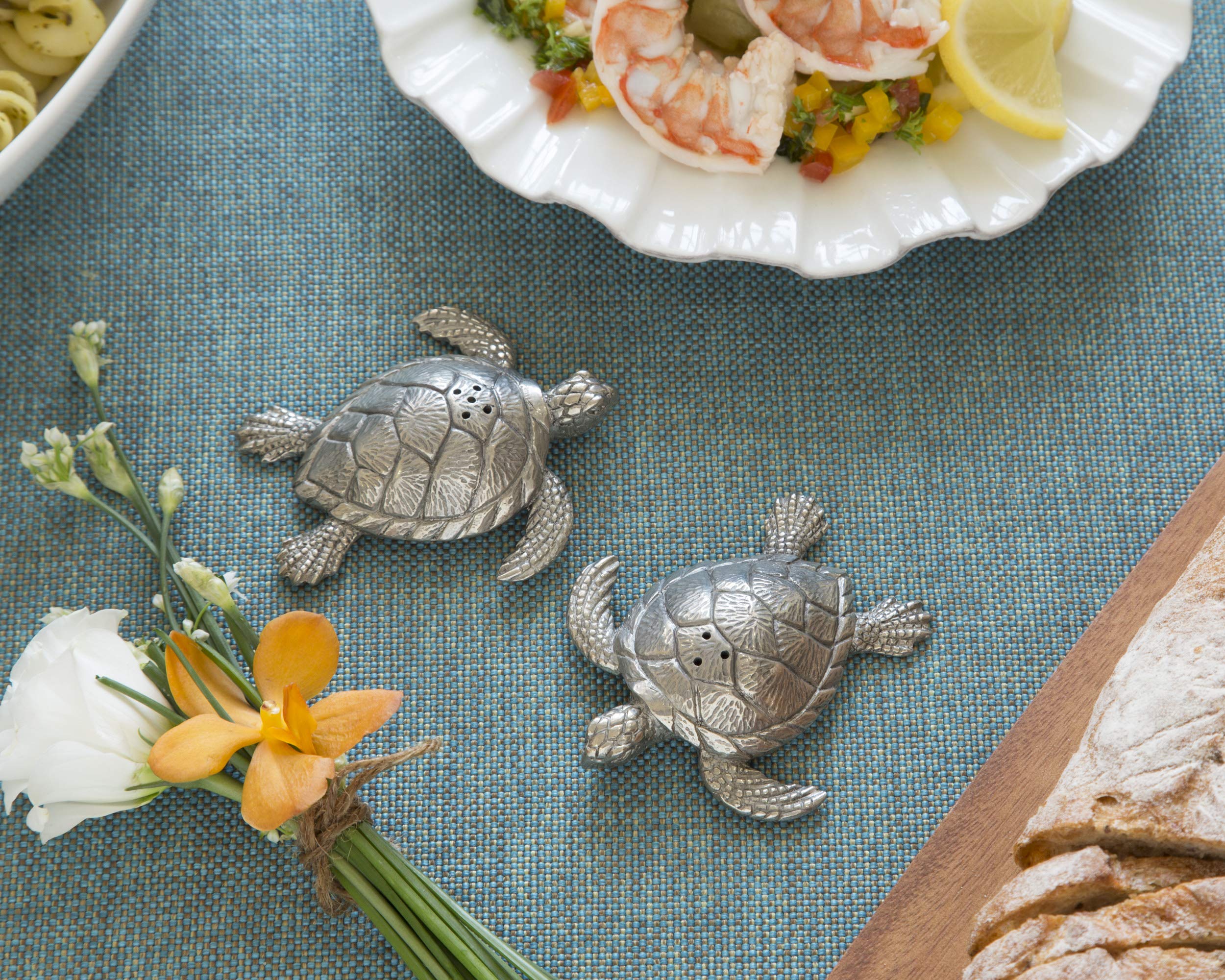 Vagabond House Pewter Metal Sea Turtles Salt & Pepper Shaker Set - Beach Artisanal Sculpture 3.5 Inch Long