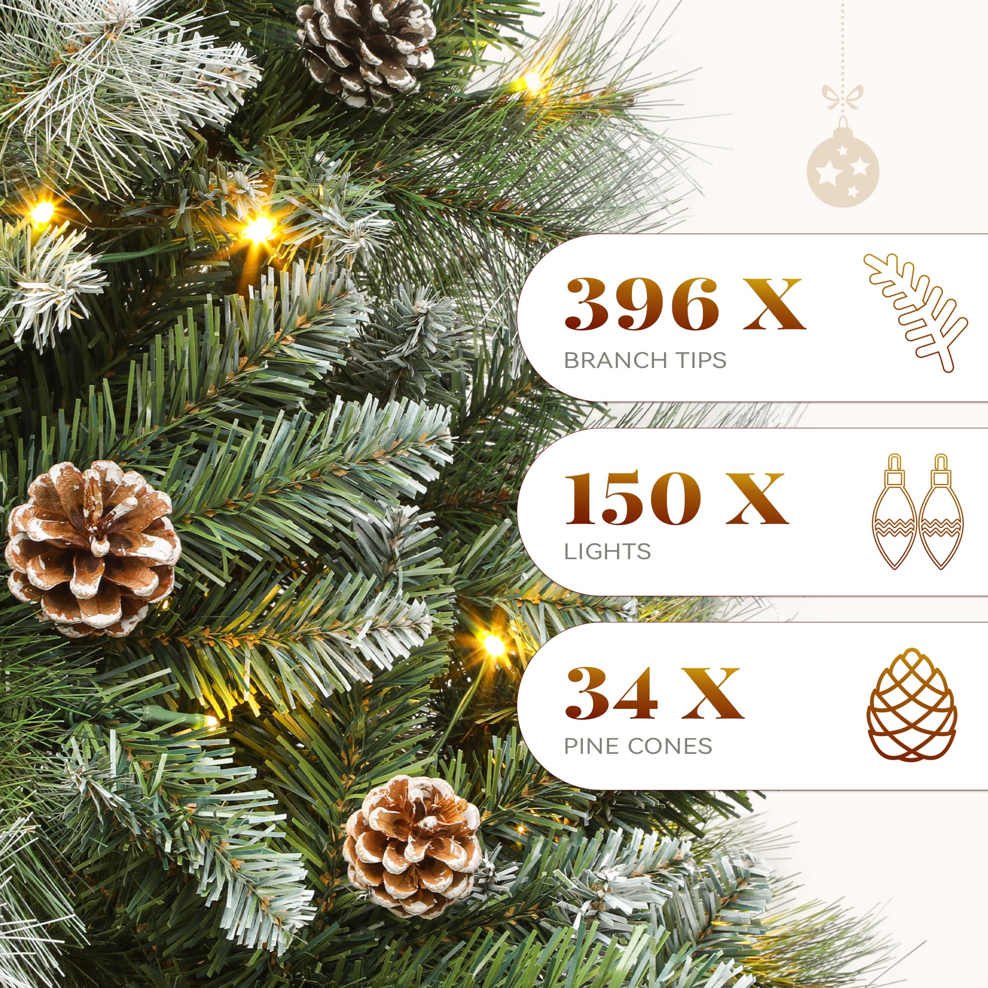 YITAHOME 4.5ft Prelit Scotch Pine Christmas Tree with Remote Control, Pre-Decorated Frosted Christmas Tree with Pine-Cones & Nee