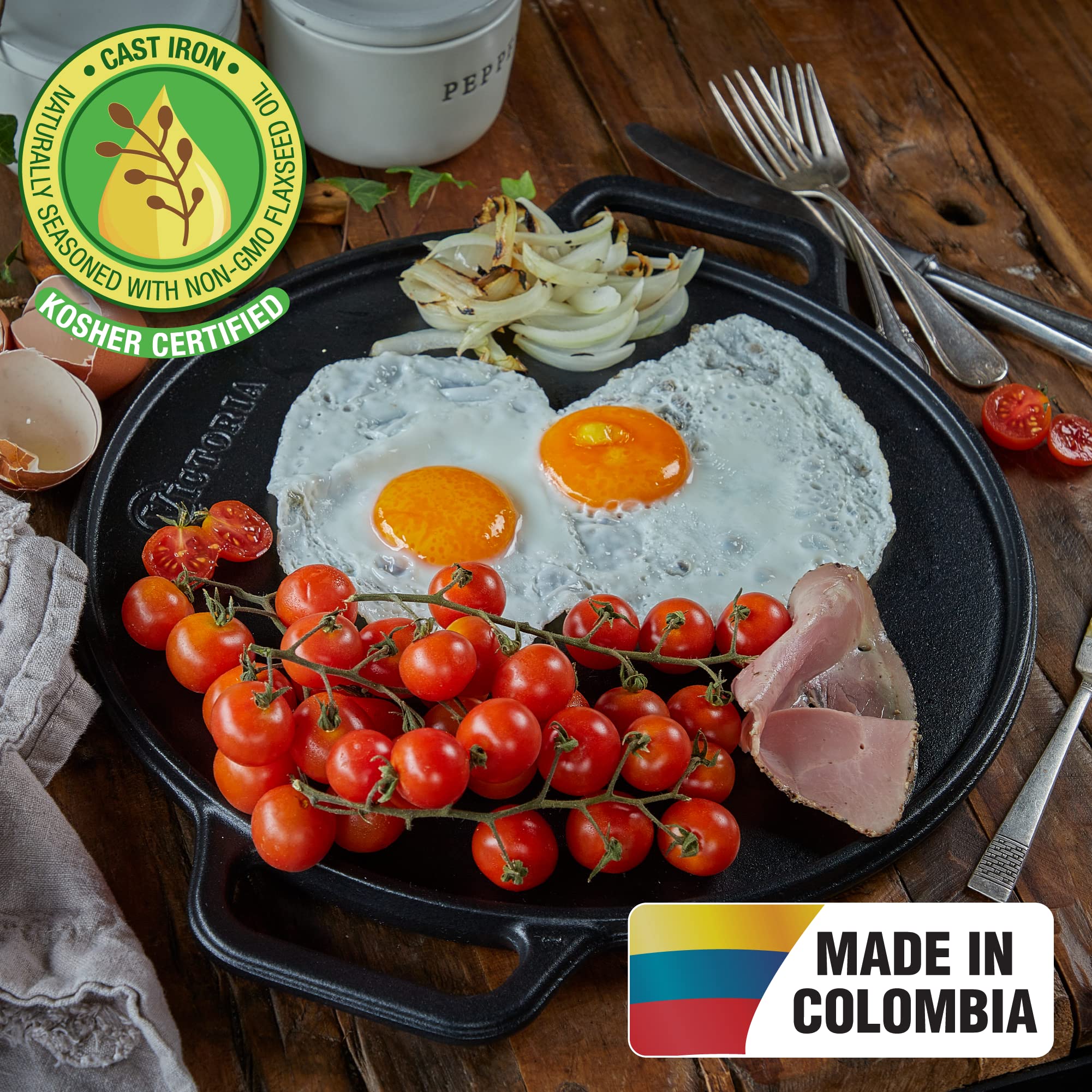 Victoria Round Cast Iron Grill. Double Burner Griddle, With Removable Coil Handles Seasoned With 100% Kobibir Certified Non-Gmo