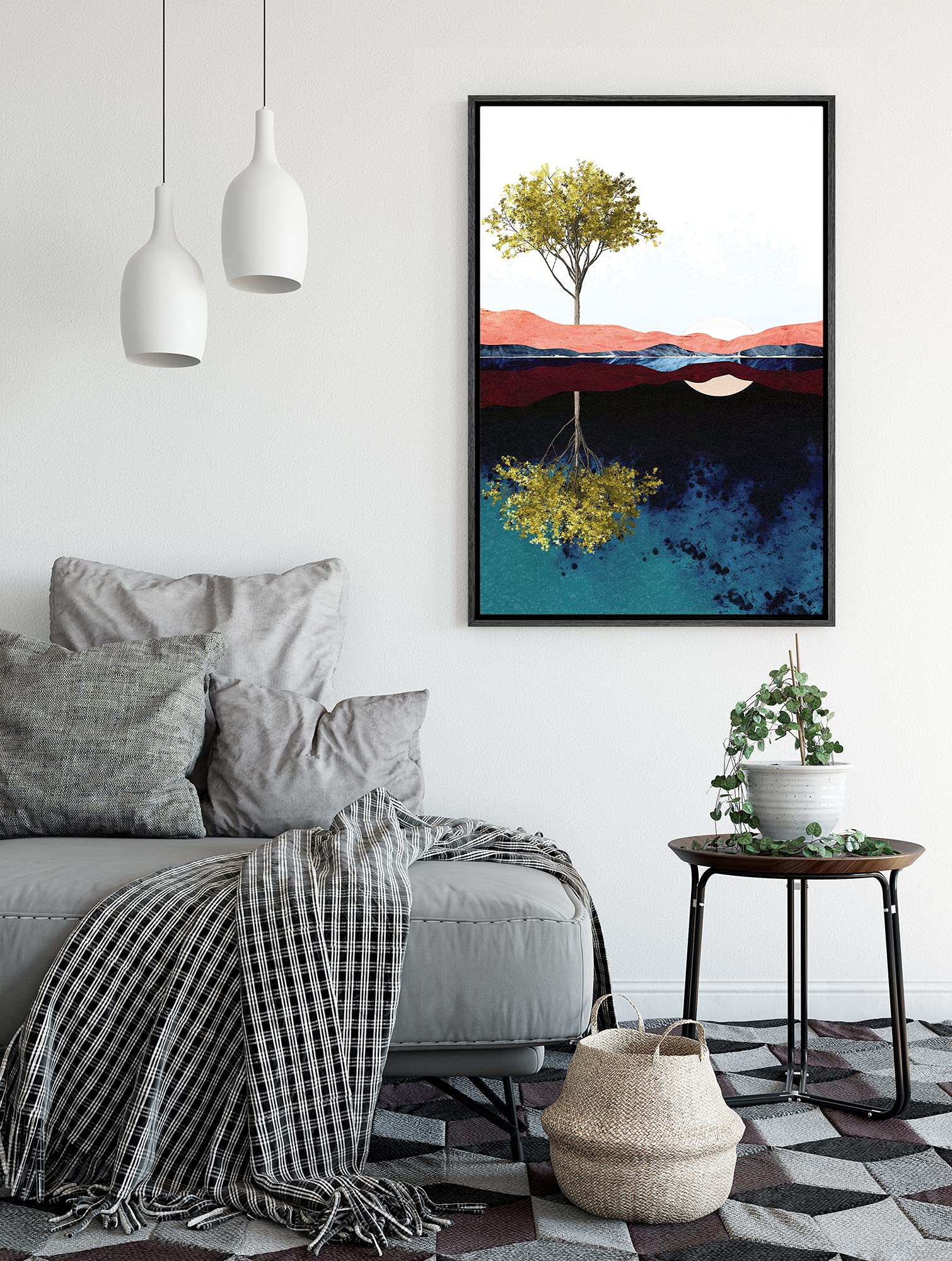 Signford Framed Canvas Print Wall Art Green Tree Over Mountain Reflection Abstract Wilderness Illustrations Modern Art Contempor