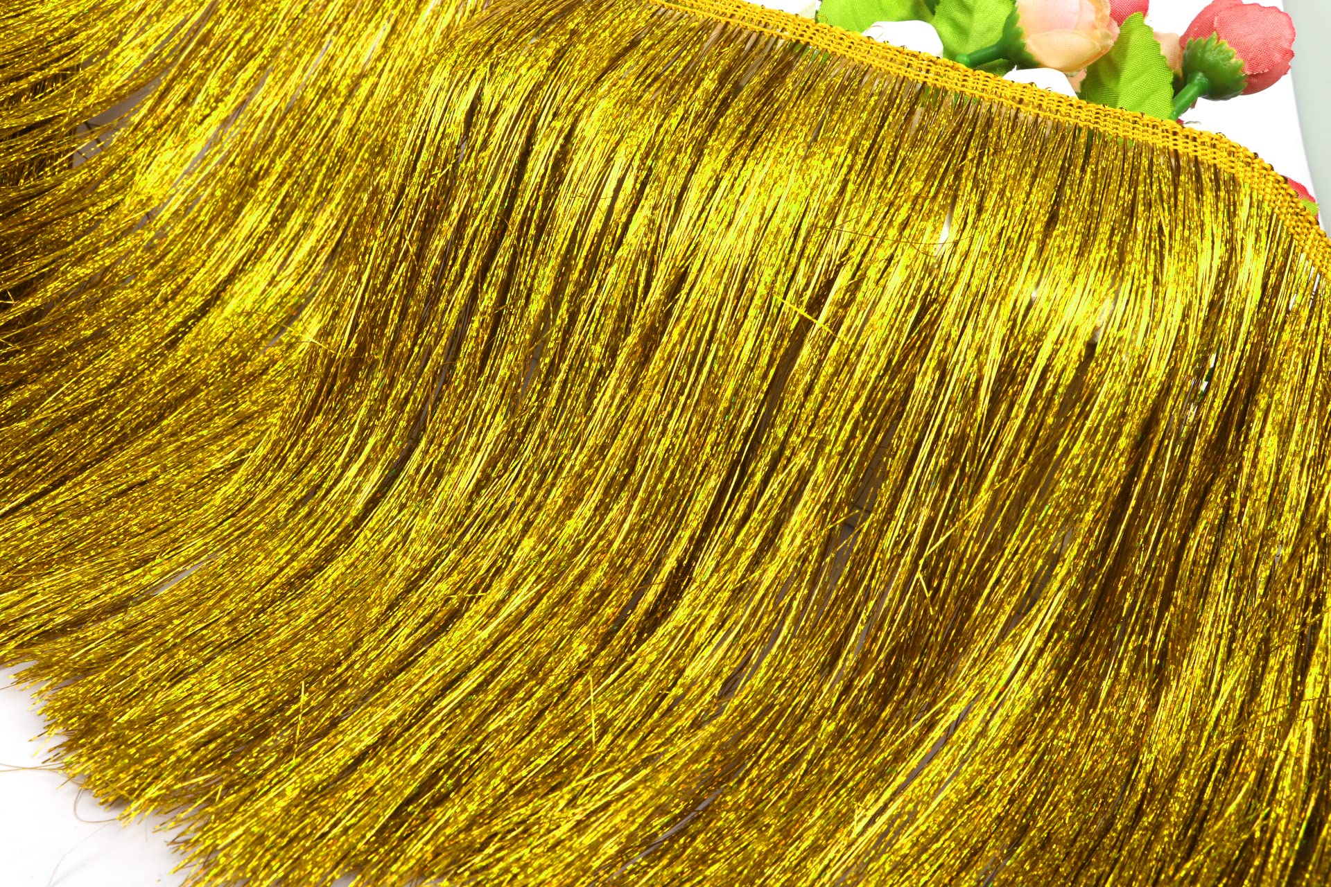 YYCRAFT 8 Wide Dance Costume Fringe Trimming - Shiny foil Effect Party Decor (5 Yards, Laser Gold)