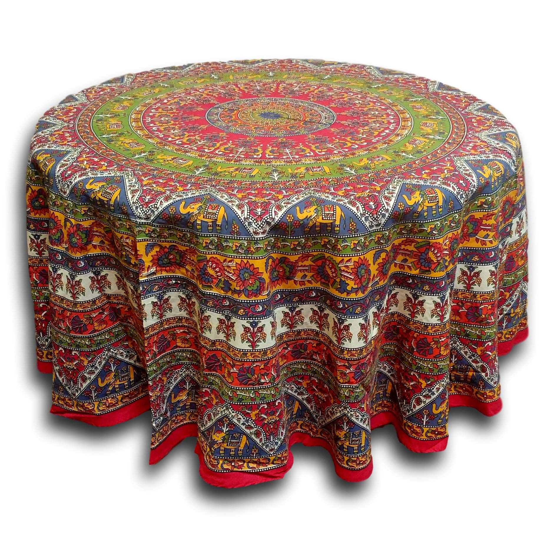 India Arts Elephant Mandala Floral Print Red Tablecloth Round For Dining And Kitchen Cotton Table Linen Red Green Blue