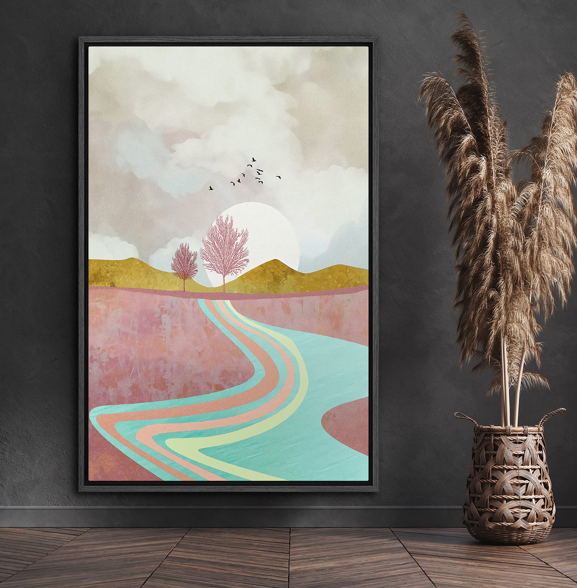 Signford Framed Canvas Print Wall Art Pink Forest Landscape With River & Birds Abstract Wilderness Illustrations Modern Art Cont