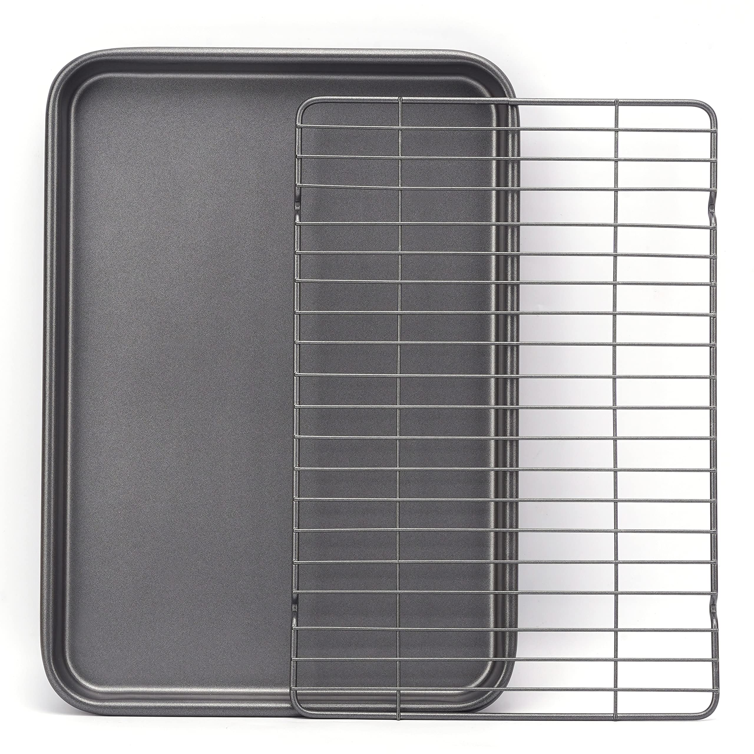 Hytk Nonstick Quarter 1/4 Cookie Baking Sheet Pan With Cooling Rack 13.58X 9.84 Inch (Inner 12.8X9.06) Toaster Oven Tray Carbon