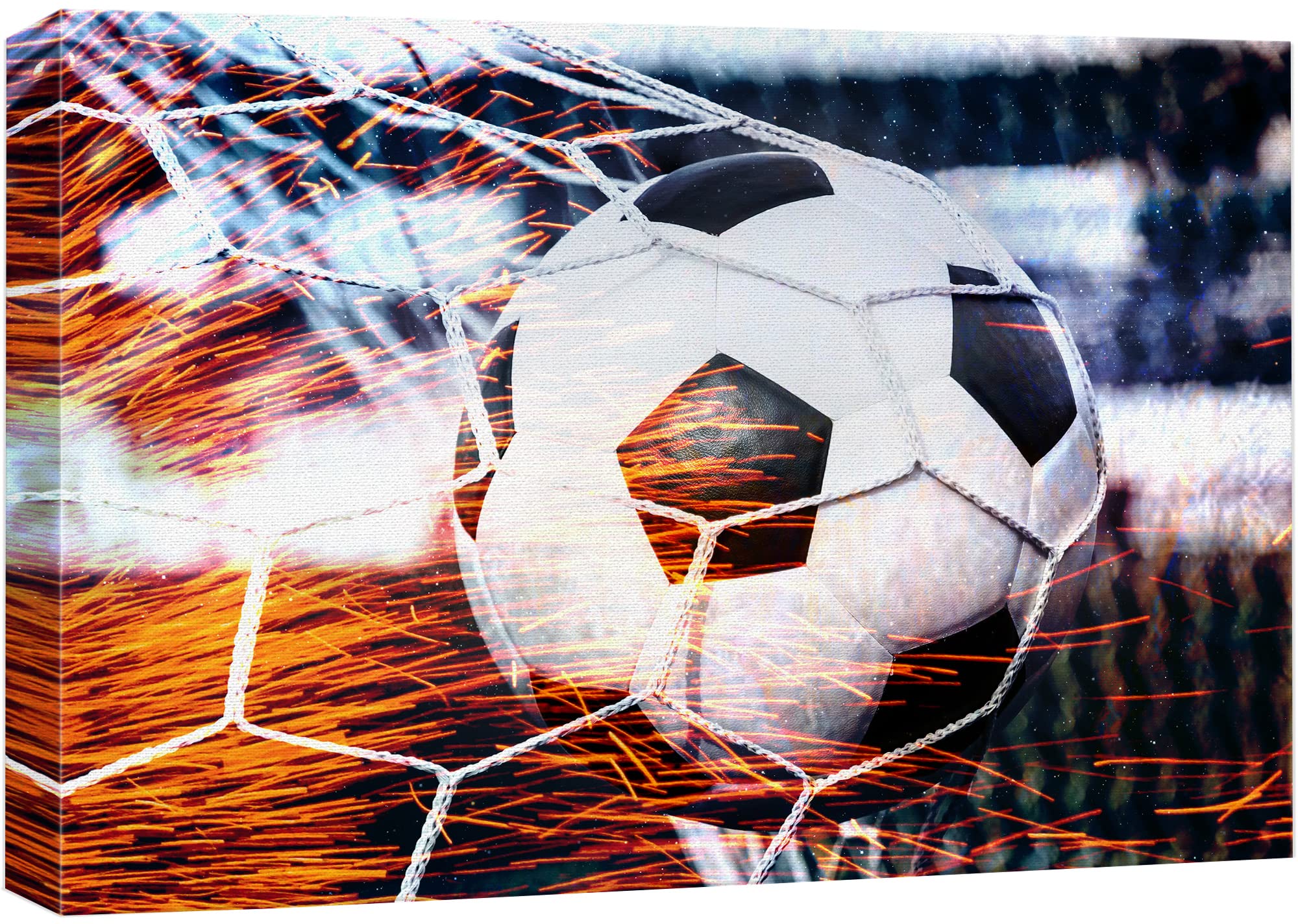 Wall26 Canvas Print Wall Art High Contrast Red Sparks Soccer Ball Goal Sports & Fitness Athletes Photography Realism Boy'S Bedro