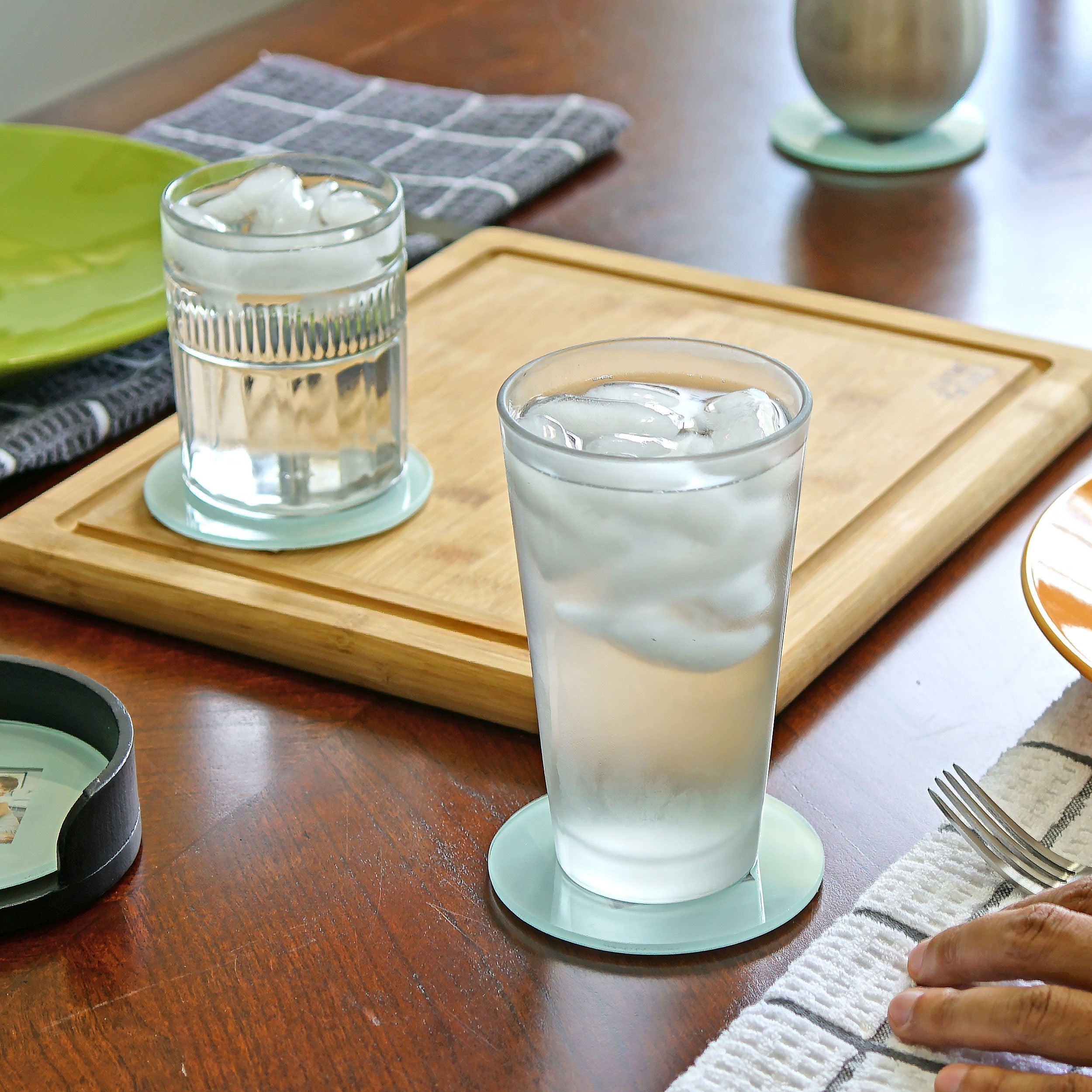 Glass Photo Frame Picture Coasters Circle with Wood Storage Rack (Set of 4)