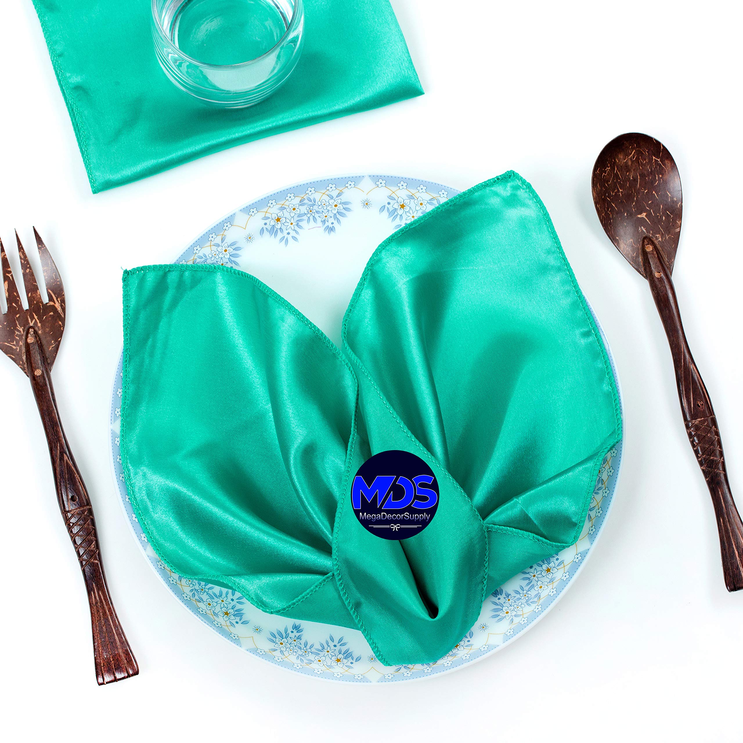Mds Pack Of 100 Wedding Satin 12''X 12'' Square Dinner Napkin Or Handkerchief For Wedding Banquet Decoration - Sea Green