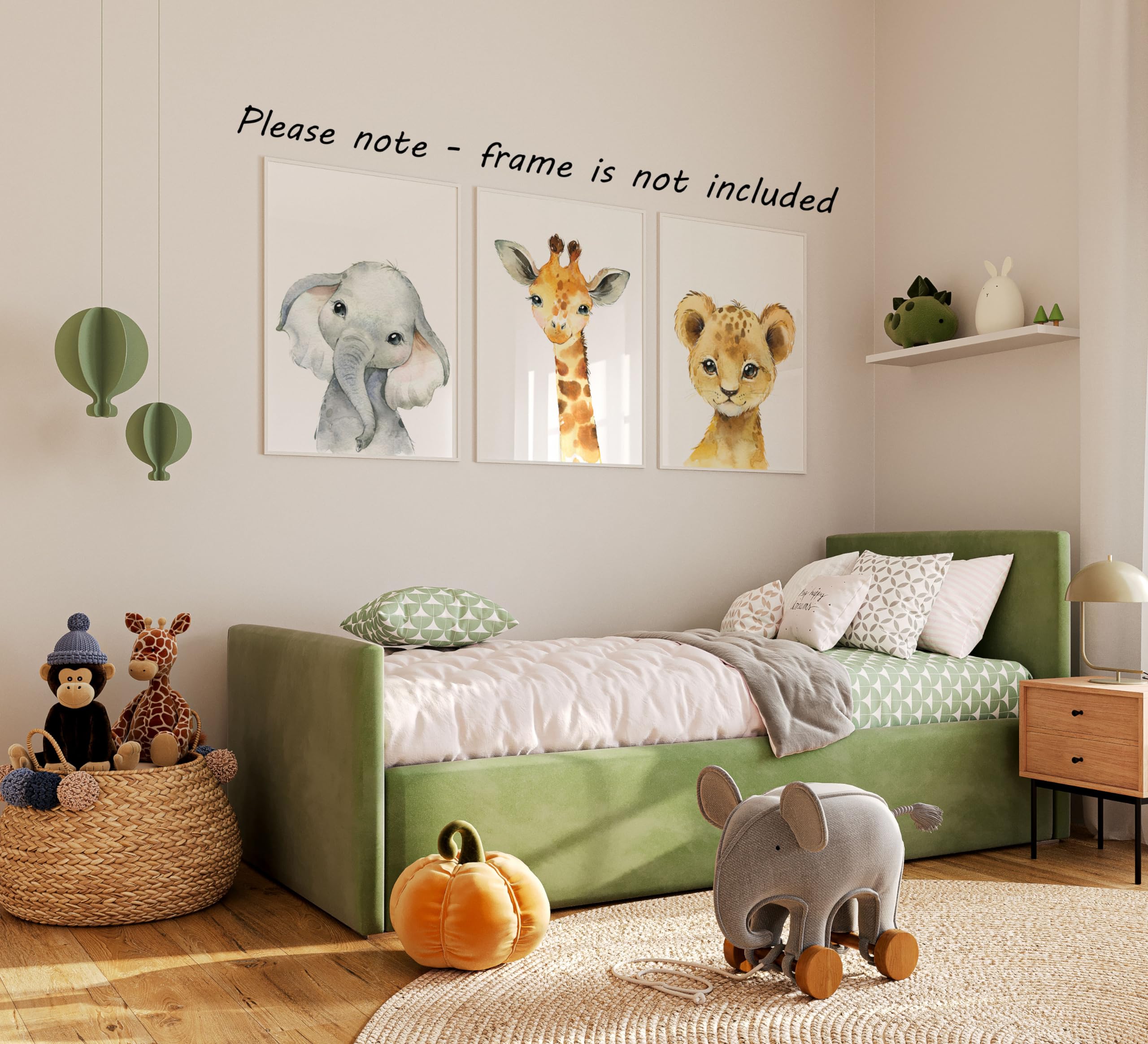 Baby Safari Animals For Girl Or Boy Nursery Bedroom, Set Of 3 Unframed Wall Art Prints, Nursery Decor Gift, Giraffe Elephant Lio