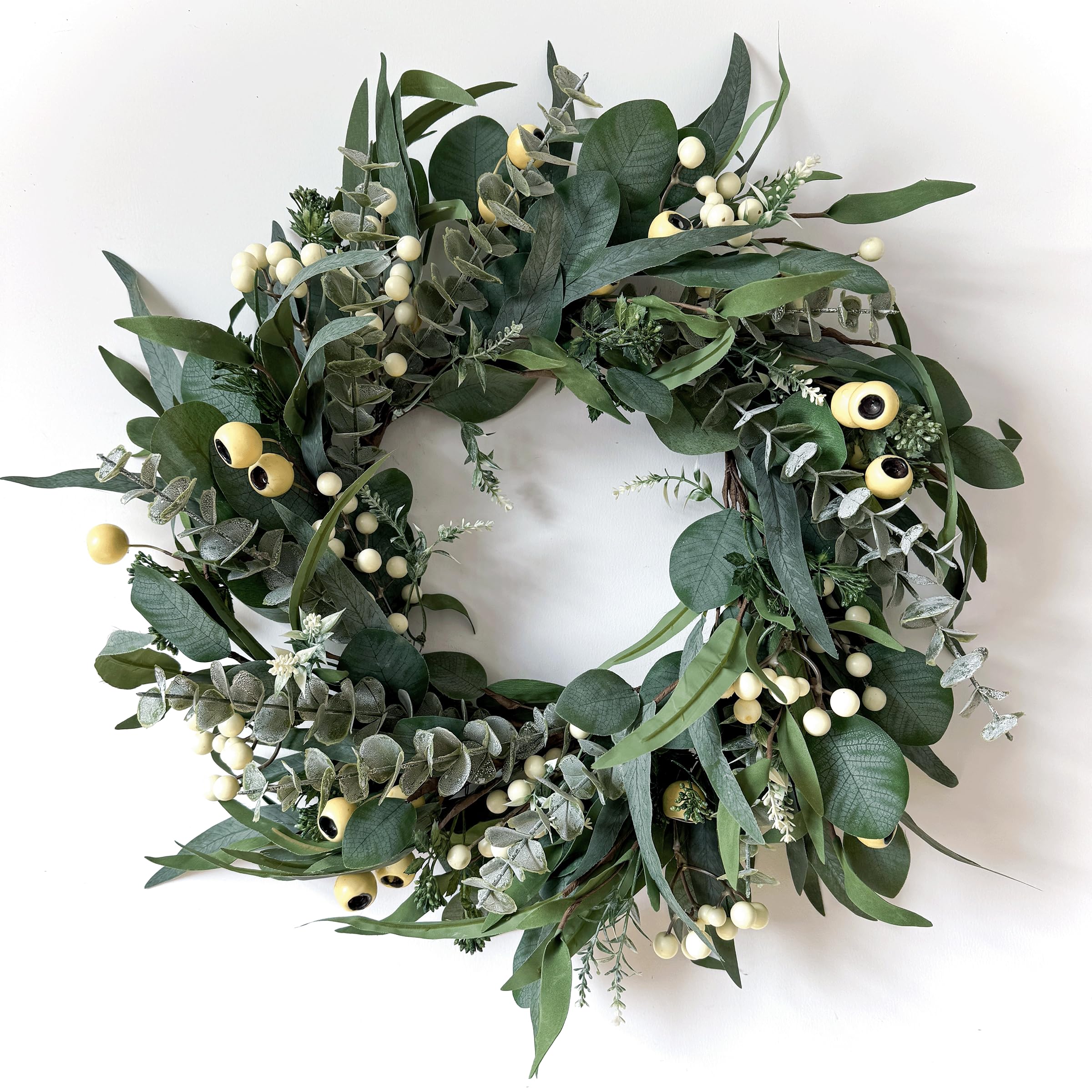 HomeKaren Wreaths for Front Door 22 Inch, All Season Greenery Wreath Olive Eucalyptus Leaves and White Mixed Berry for Indoor Ou