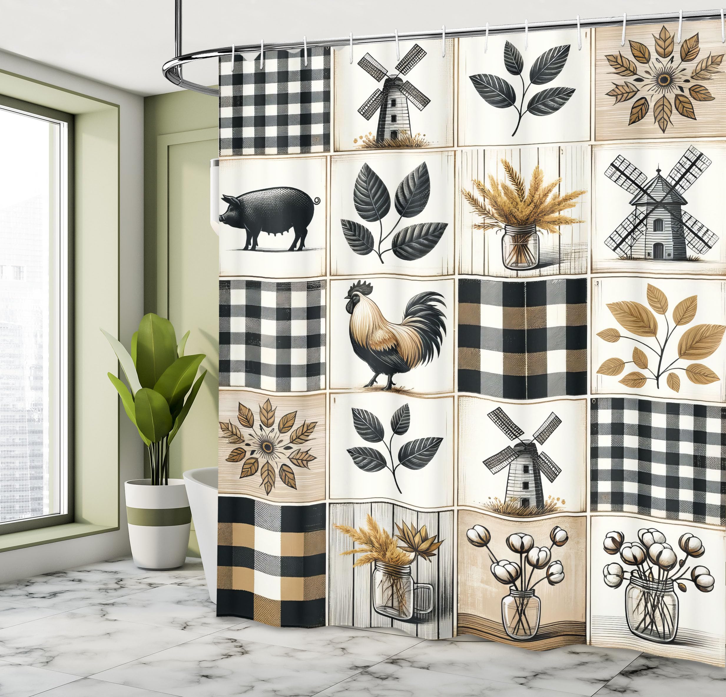 Ambesonne Farmhouse Shower Curtain, Cottagecore Themed Squares Checkered Leaves Rooster Pig Windmill, Cloth Fabric Bathroom Deco